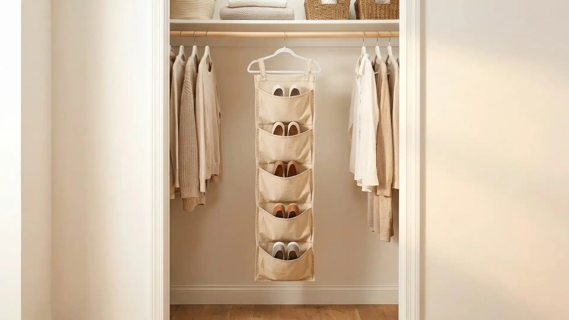 a closet featuring a hanging shoe organizer filled with various pairs of shoes in an organized manner