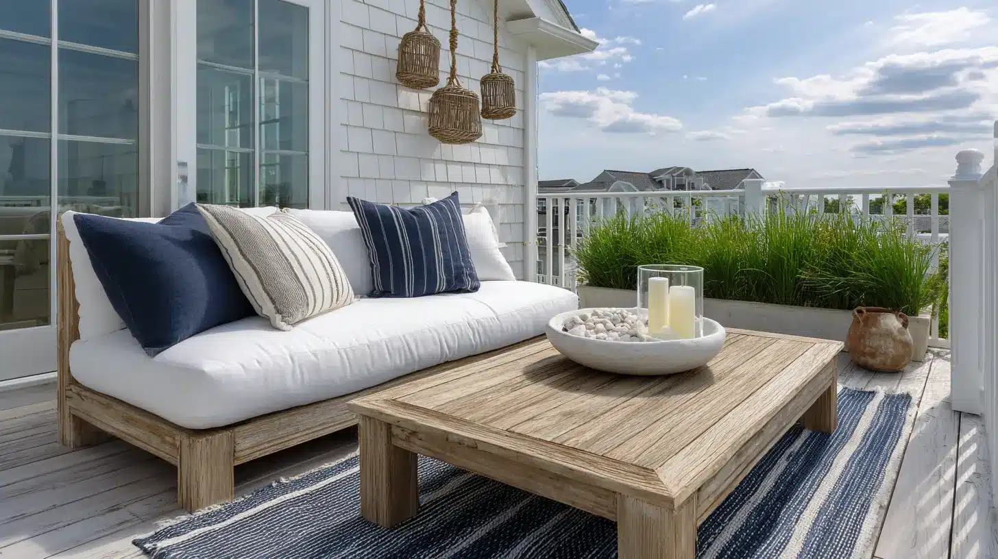 coastal styled outdoor deck with navy striped rug rope sofa white cushions and driftwood coffee table
