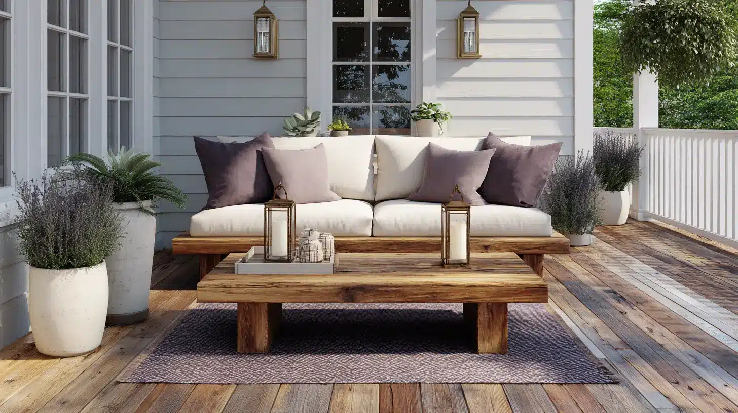 outdoor deck styled in dusty mauve warm white and antique brass with linen sofa and brass lanterns