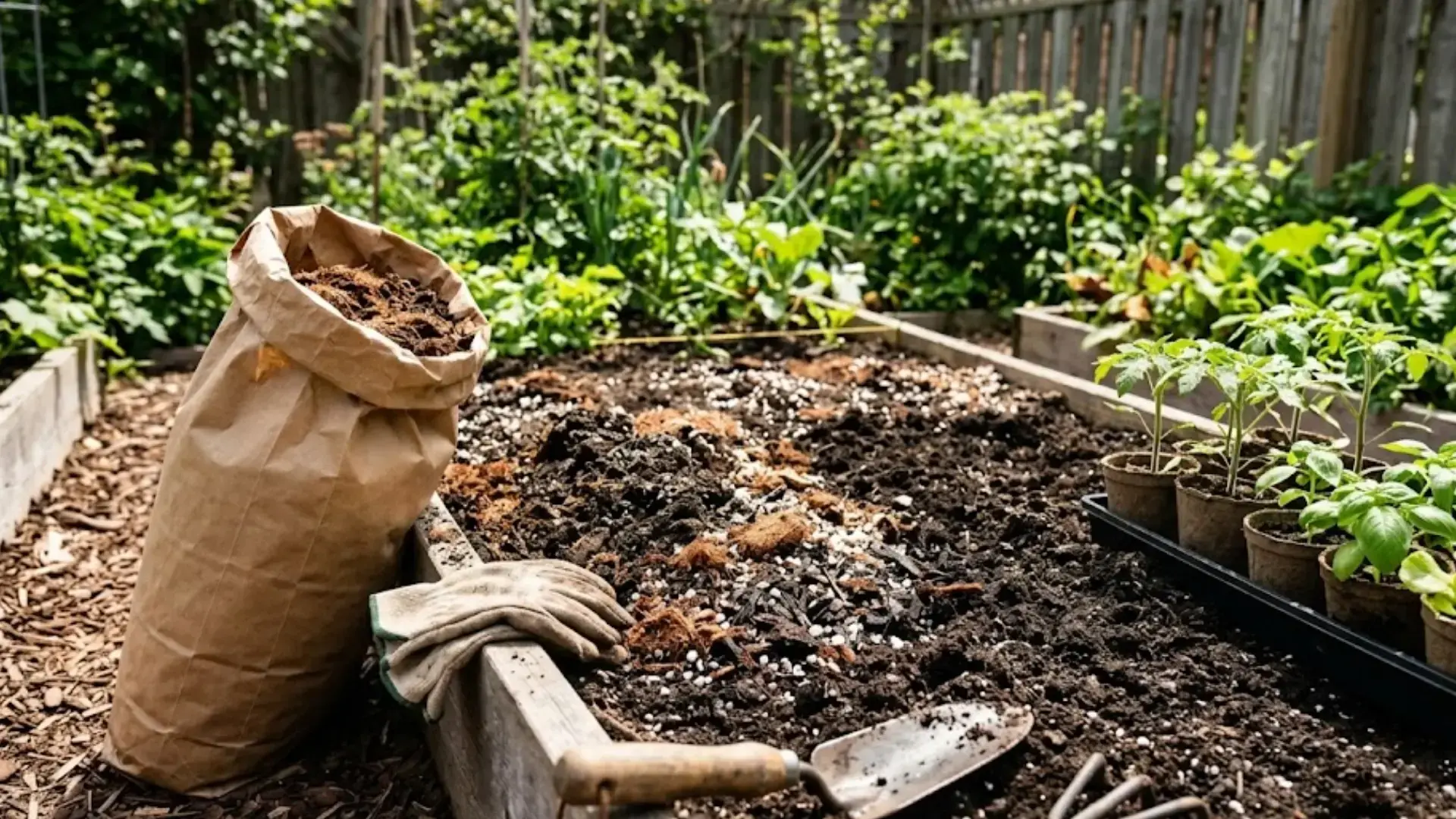 soil bed with perlite, an open bag of conditioner, hand tools, gloves, and fresh vegetable seedlings