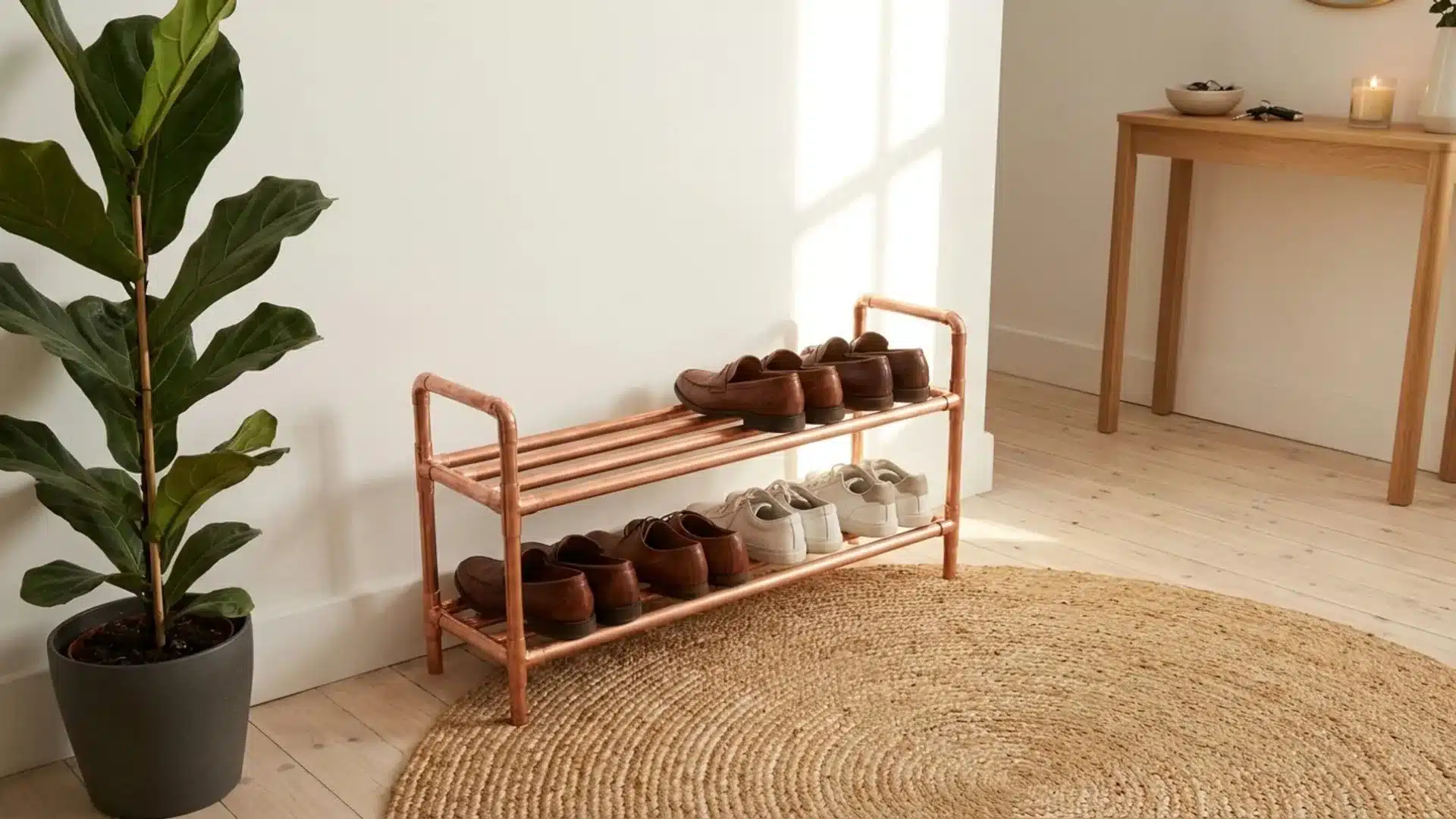 shoe rack displaying wooden shoes arranged neatly on copper pipes providing a unique and stylish storage solution for footwear
