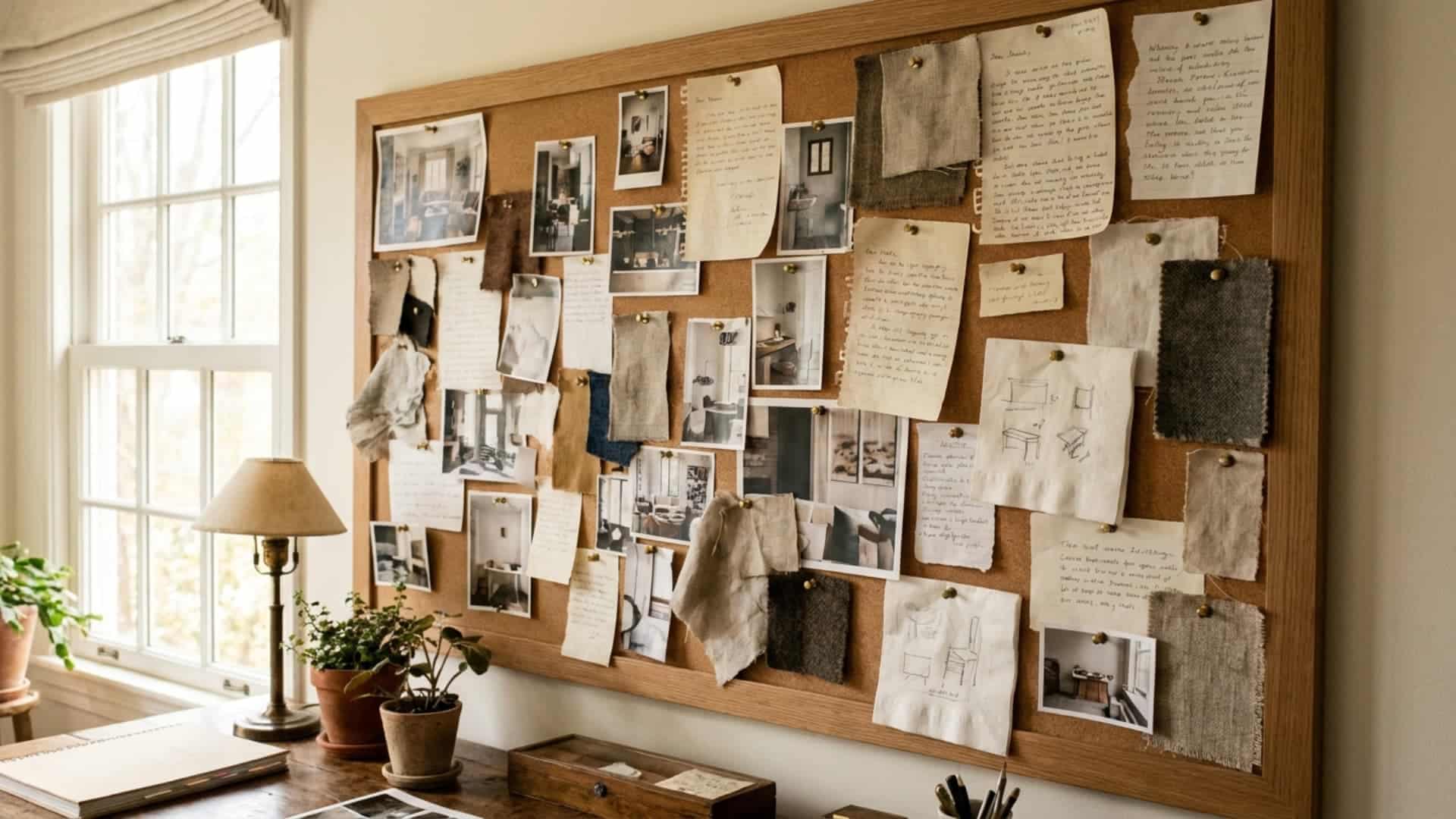 framed corkboard pinboard gallery wall with photos and notes in home office