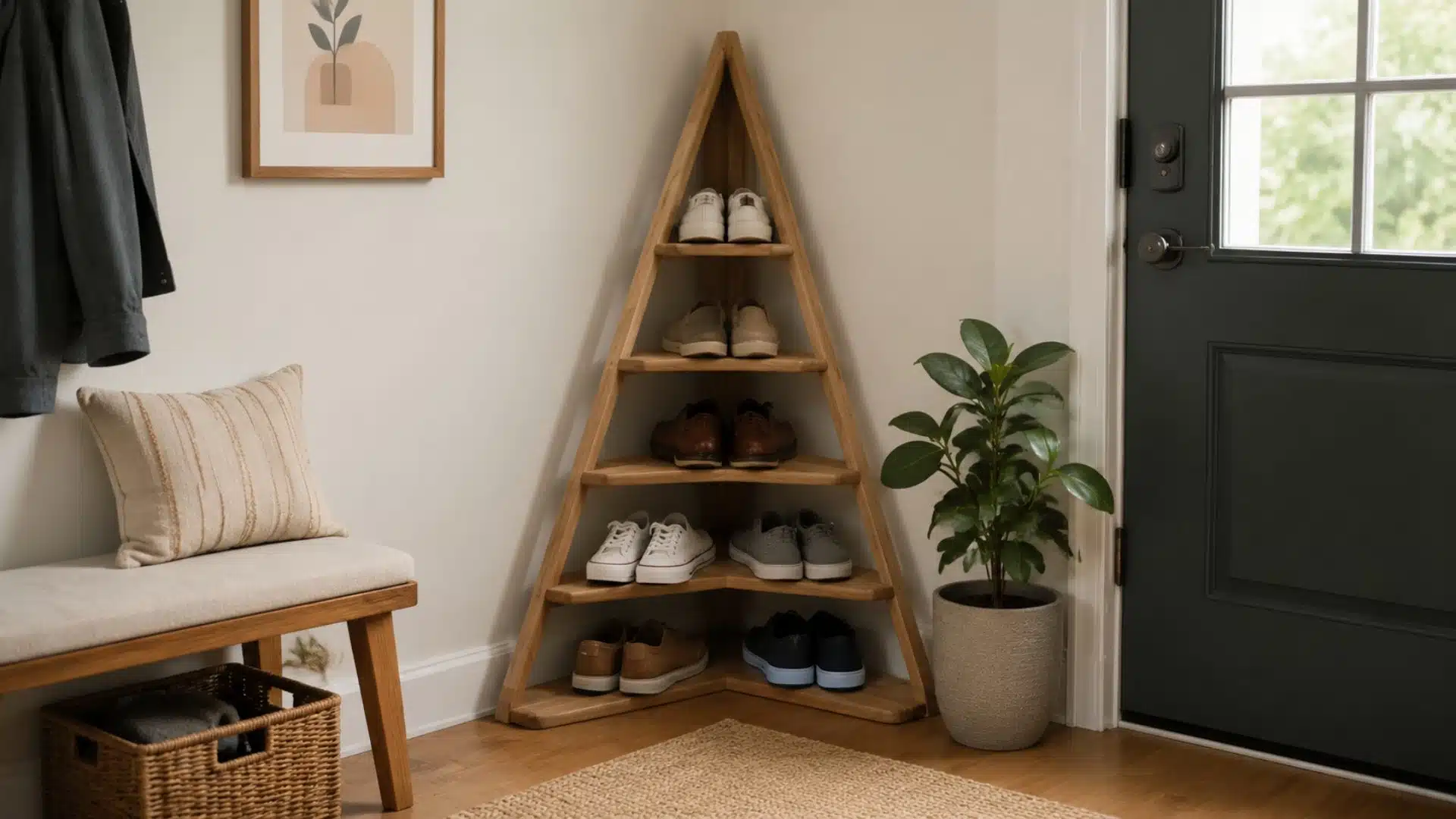 a wooden shoe rack displaying various pairs of shoes in an organized manner with a natural wood finish