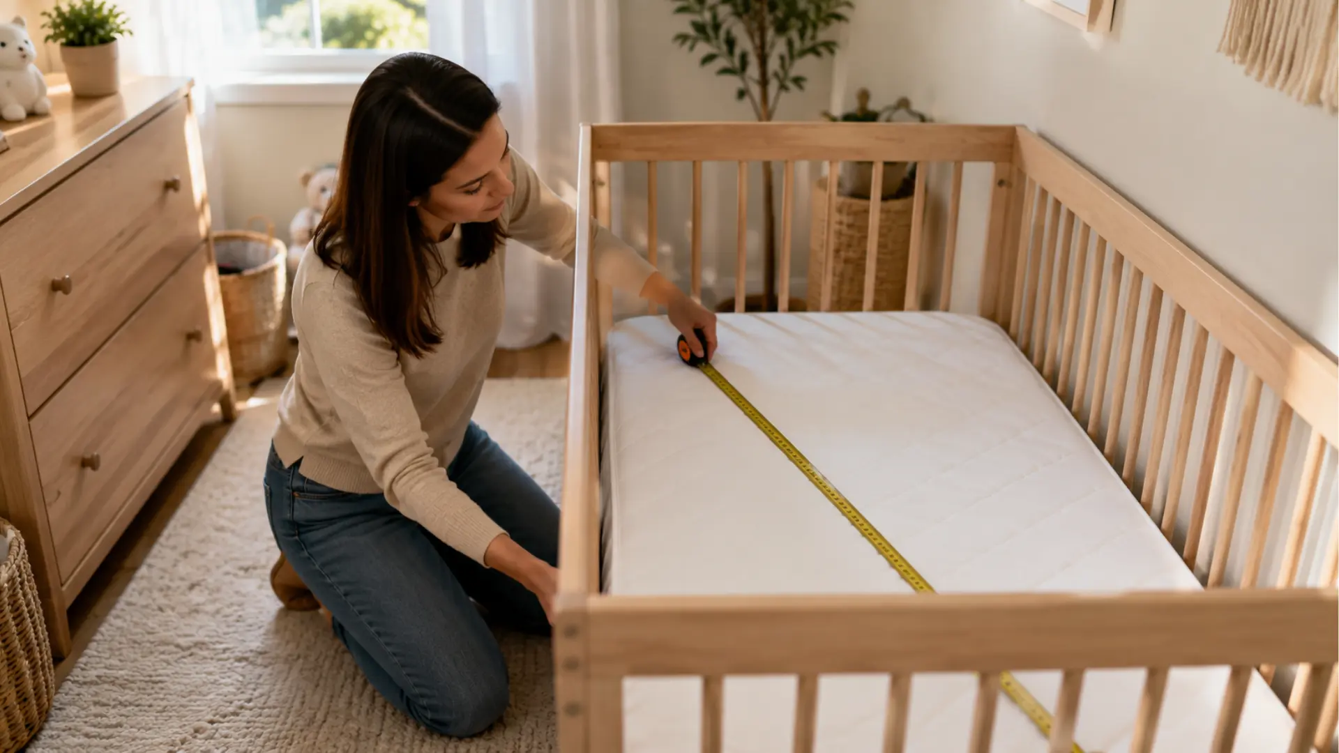 a woman measuring a white crib mattress with a tape measure inside a wooden crib in a nursery