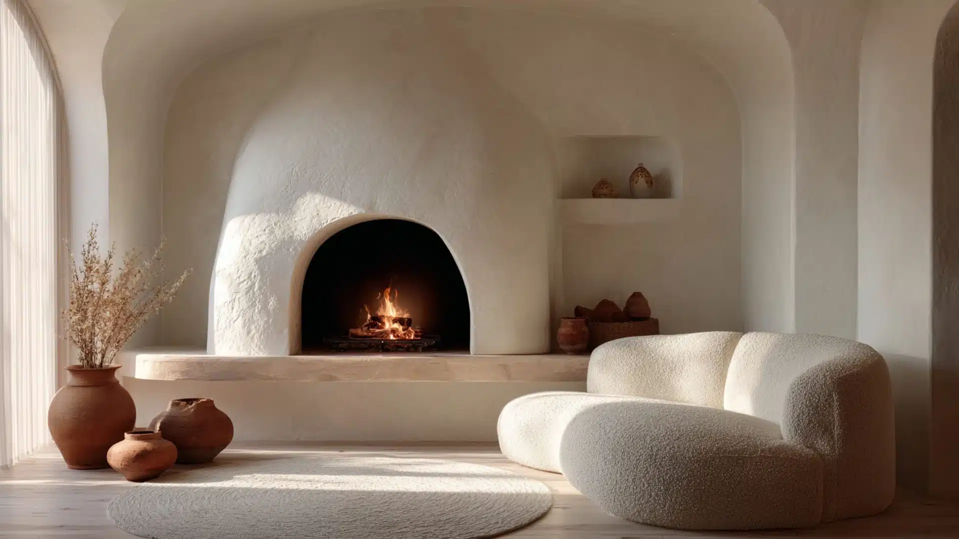 a cozy white room featuring a fireplace and a comfortable couch inviting relaxation and warmth in a serene atmosphere