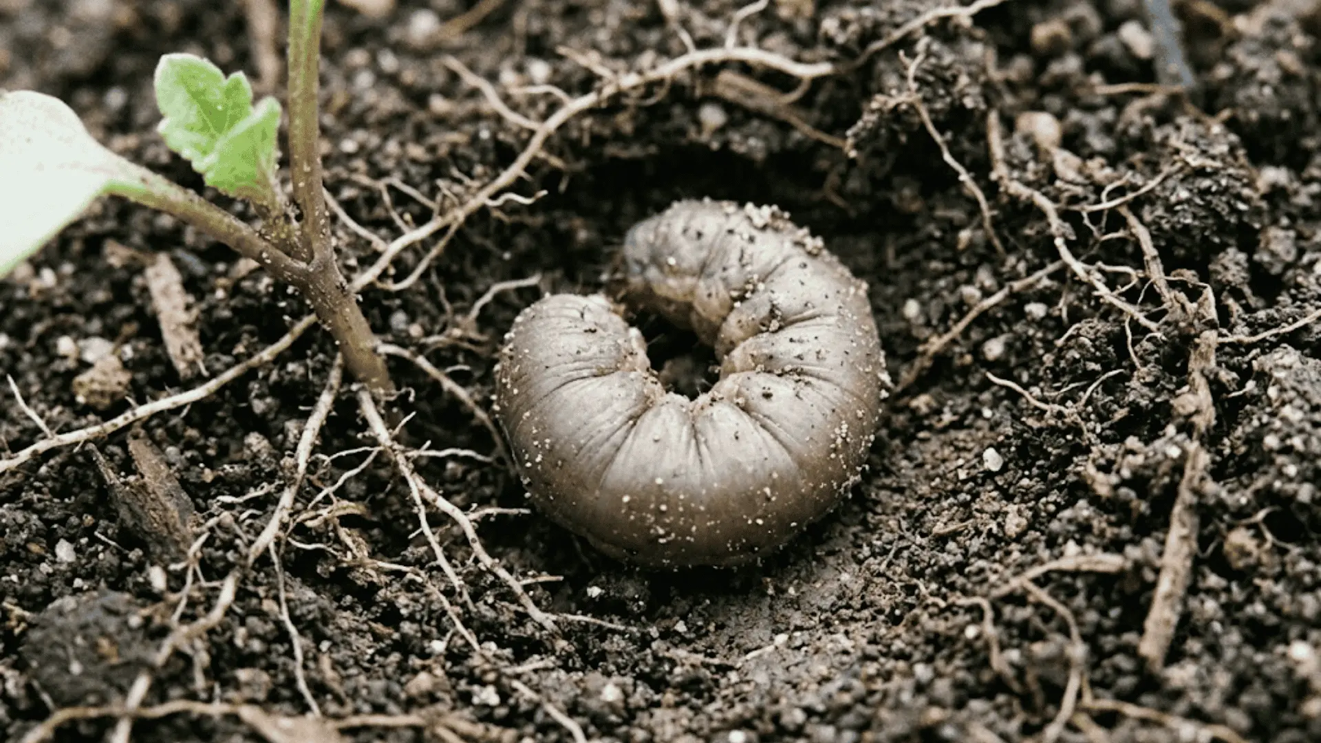 close-up of a gray-brown cutworm curled in garden soil near the base of a seedling stem