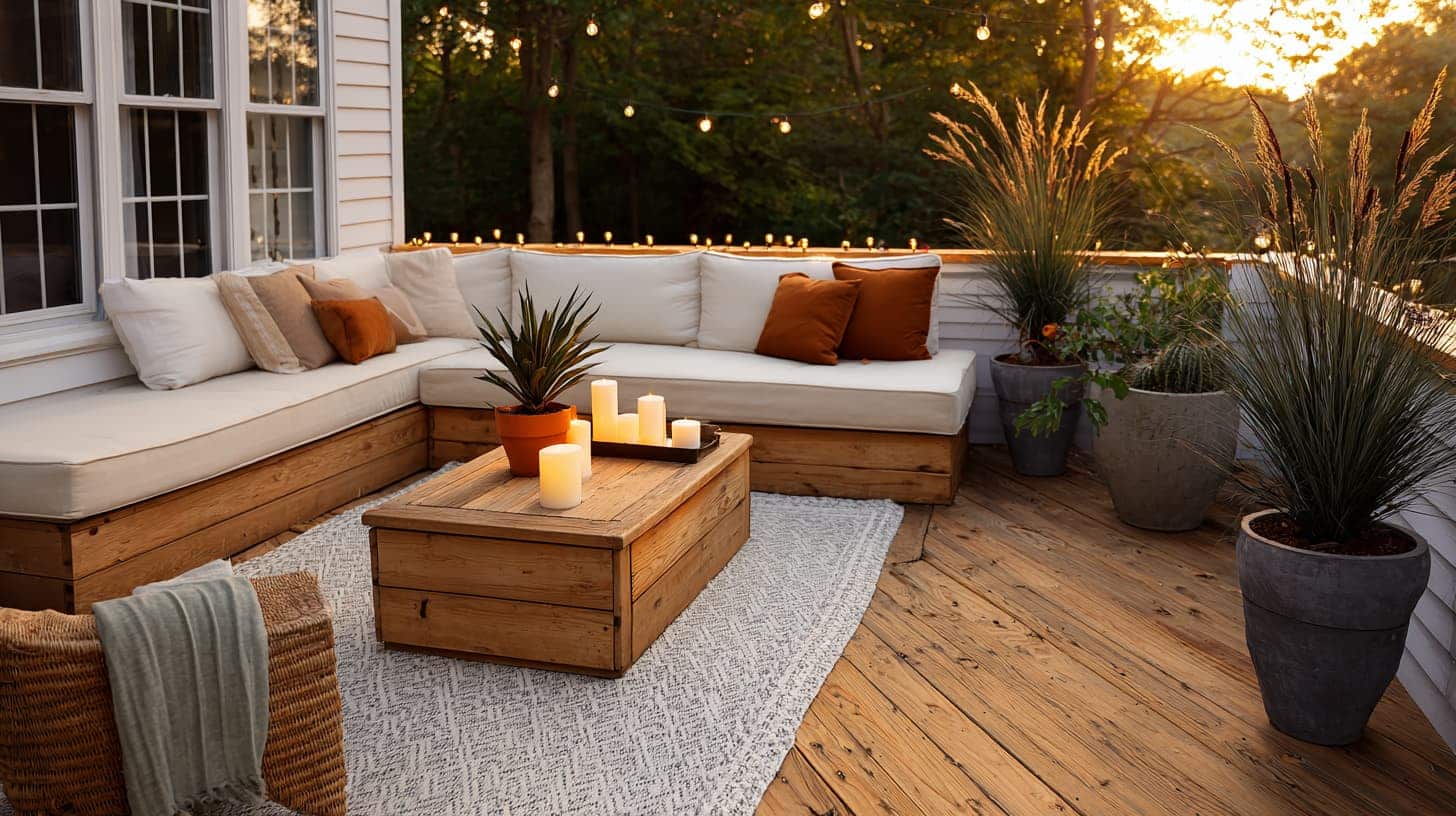 fully styled outdoor deck with string lights terracotta planters and sectional sofa at golden hour