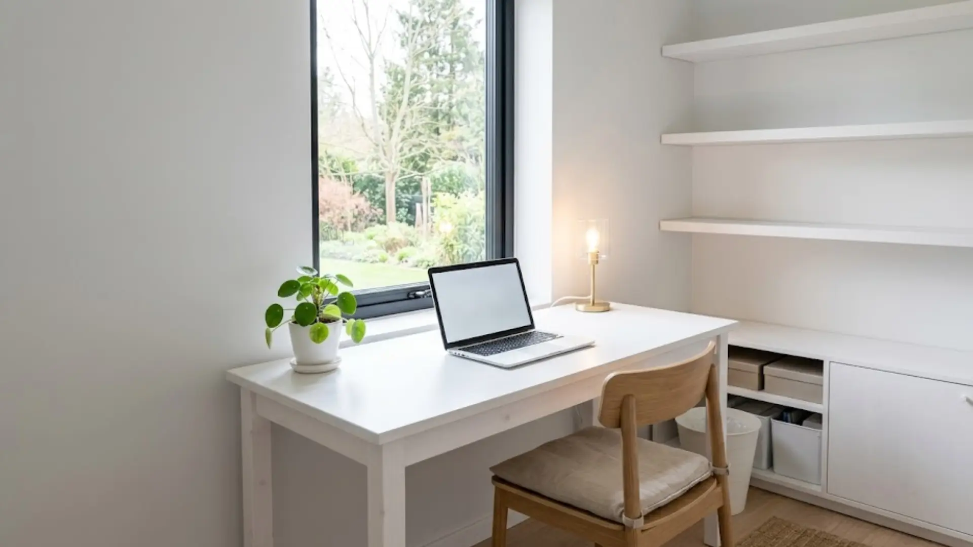 bright home office with a clean white desk, laptop, lamp, plant, empty shelves, and an open, organized feel
