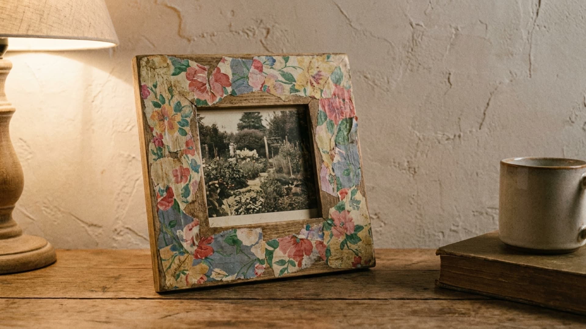 decoupage picture frame covered in floral wrapping paper on gallery wall