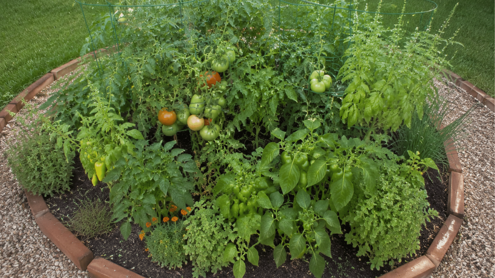 a small circular garden bed with tomatoes, basil, and peppers growing together