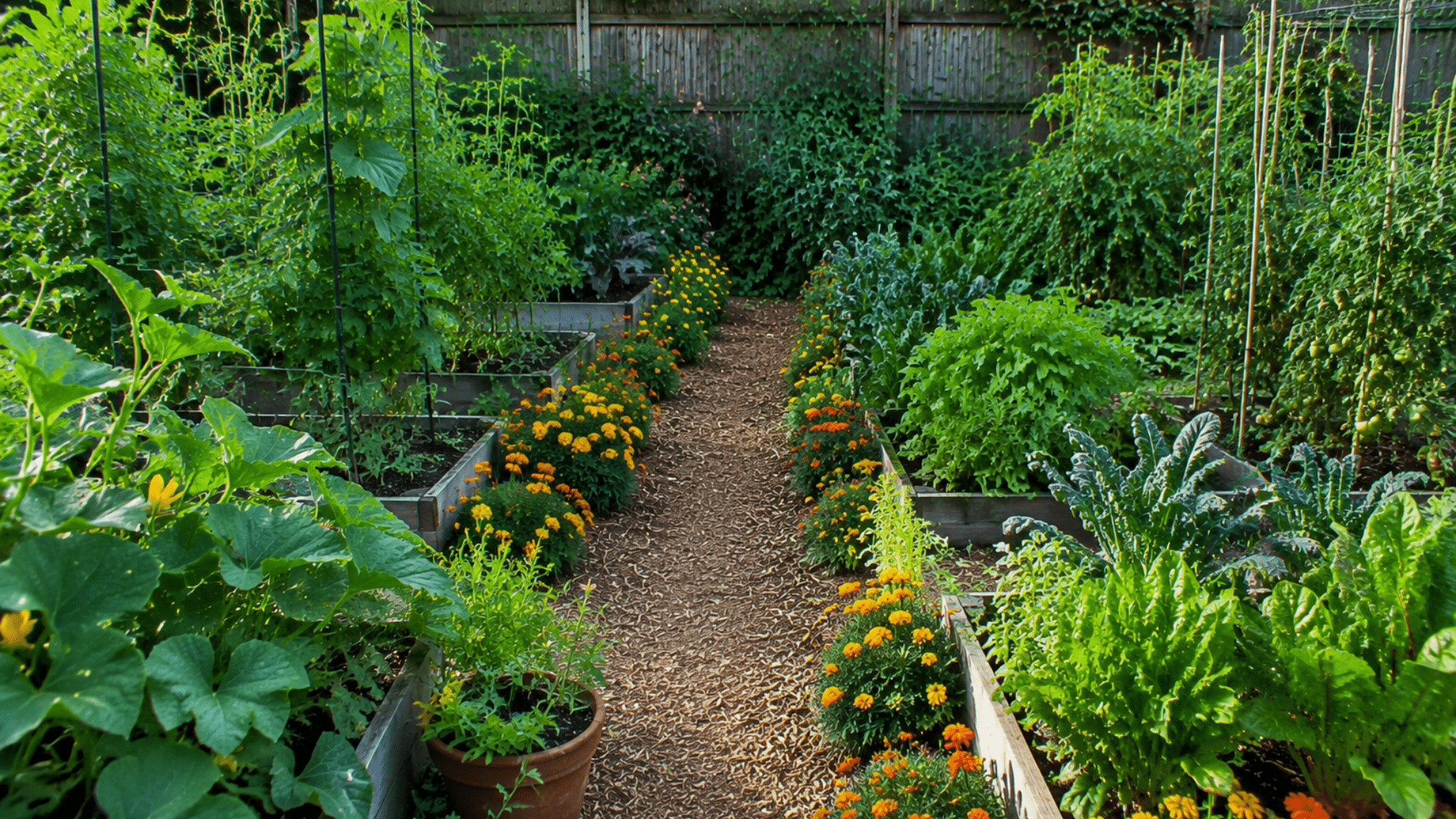 a backyard vegetable garden with defined pathways, marigold borders, and vegetables at varying heights