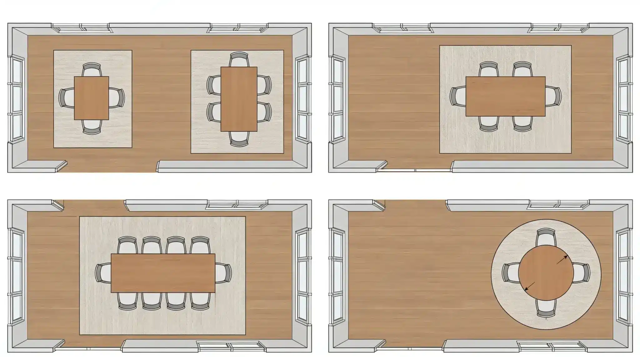 diagram of a dining room featuring four tables arranged for seating