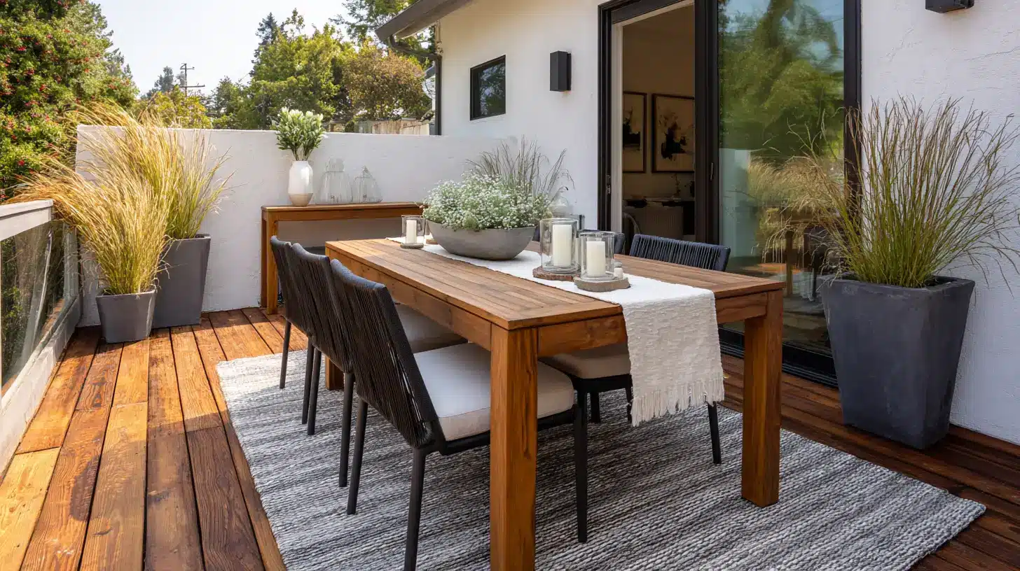 large teak dining table with six black aluminum chairs on a medium outdoor deck in afternoon light