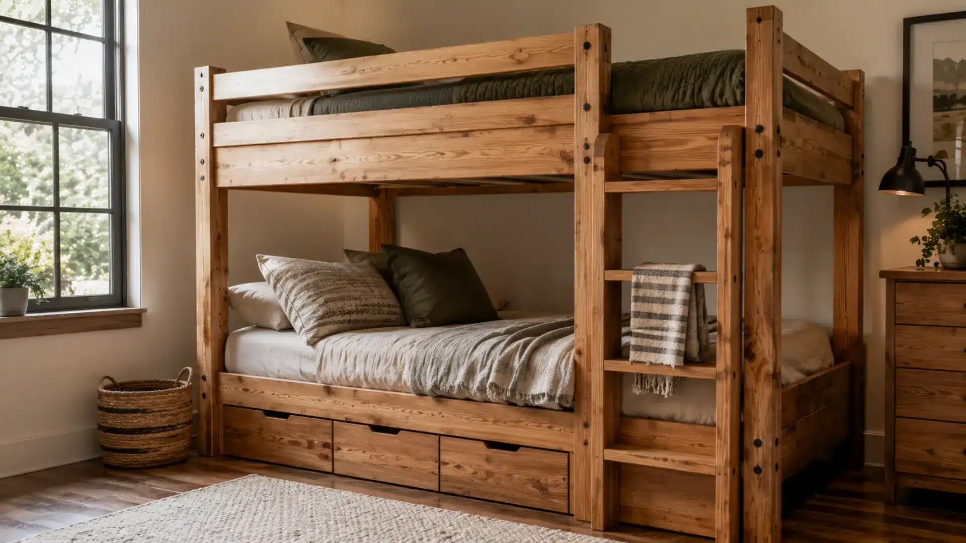 a rustic wooden bunk bed with under-bed drawers, a side ladder, and earthy linen bedding in a warm bedroom