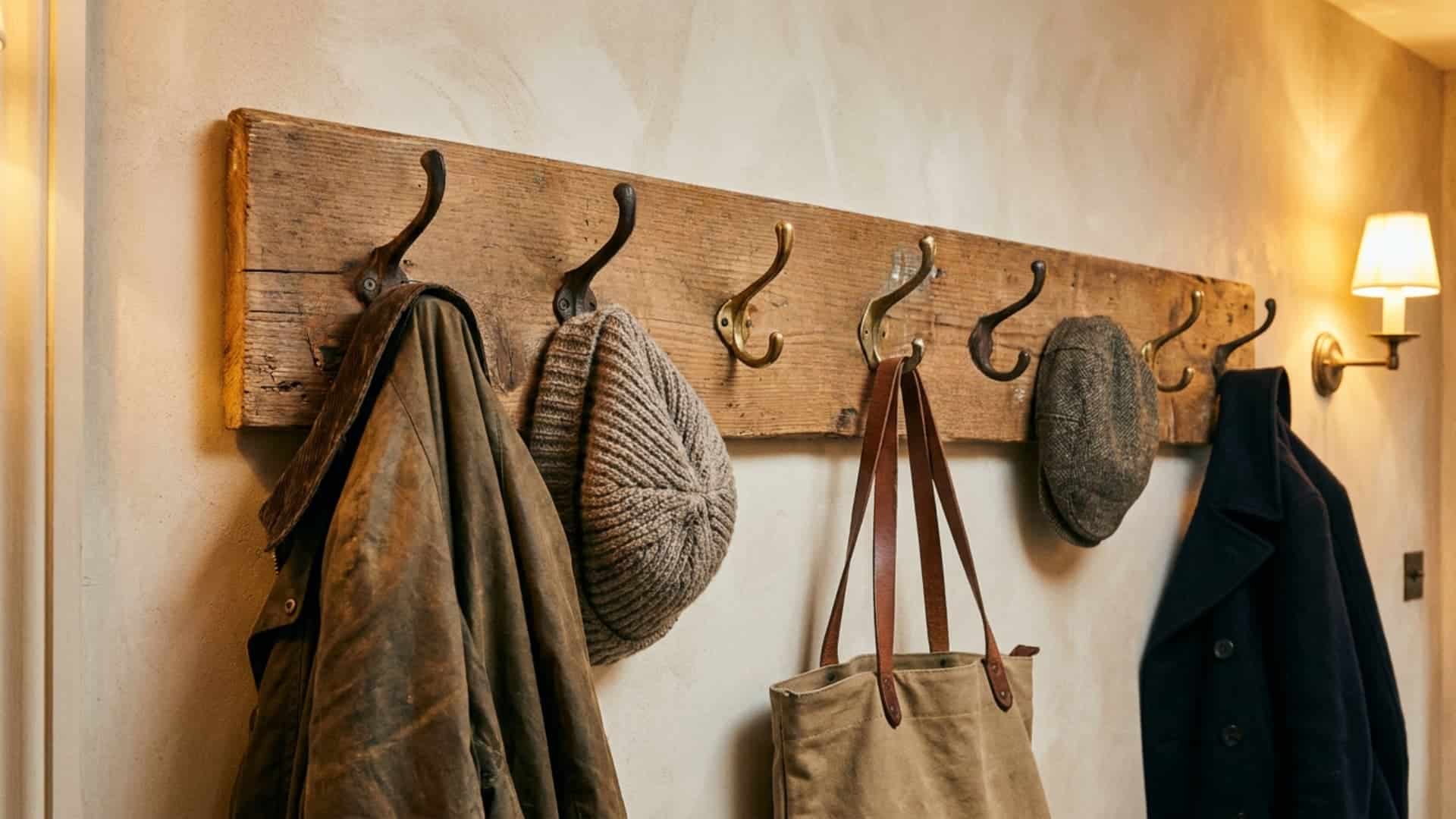 reclaimed wood coat hook display board with hooks and hanging items in hallway
