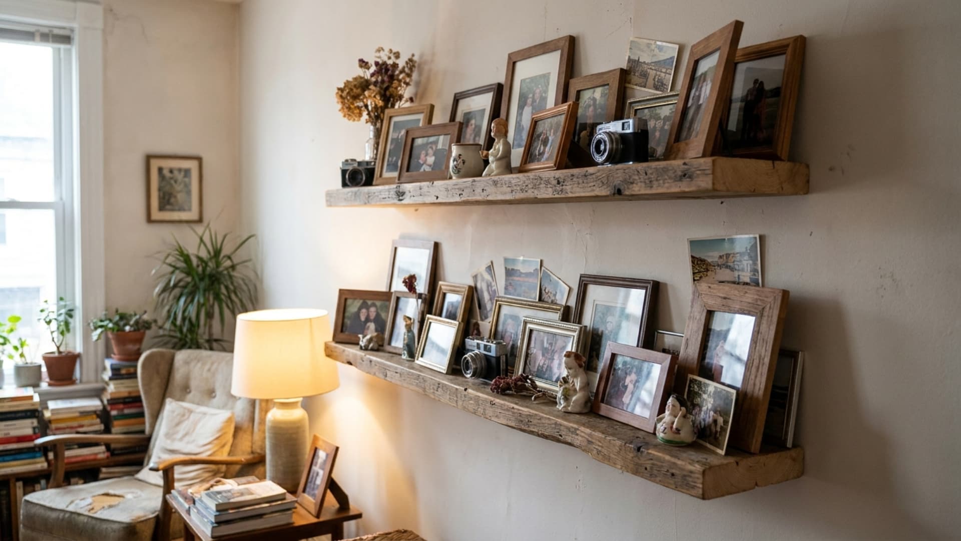 diy floating shelves photo ledge with framed prints and small objects on wall
