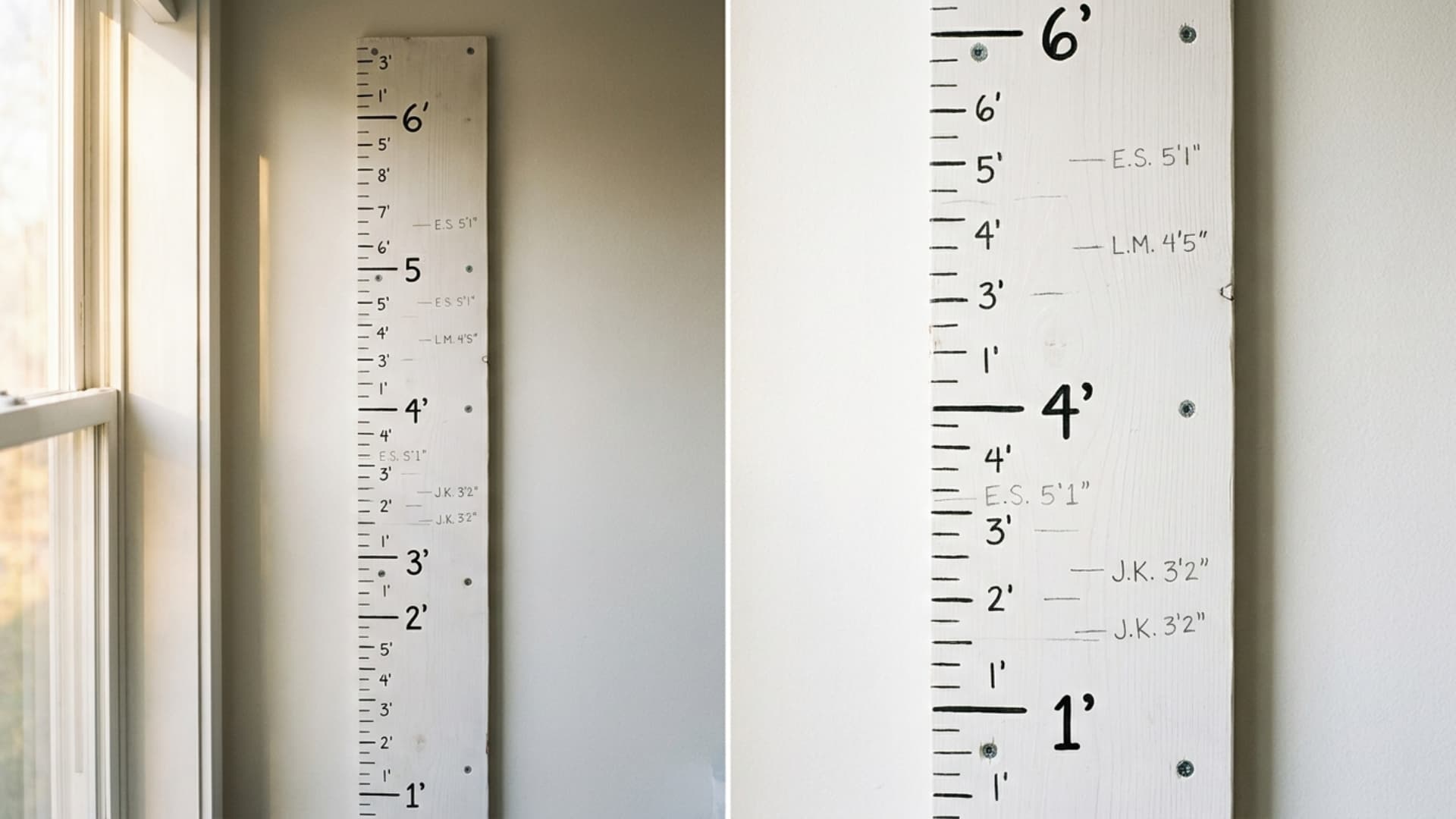 wooden growth chart ruler mounted on white kids room wall with height markings