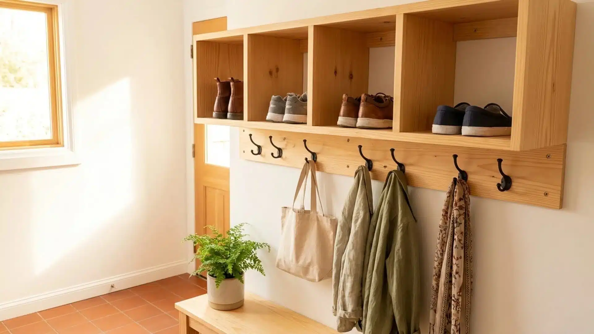 a wooden shelf displaying various shoes and coats arranged neatly for easy access and organization