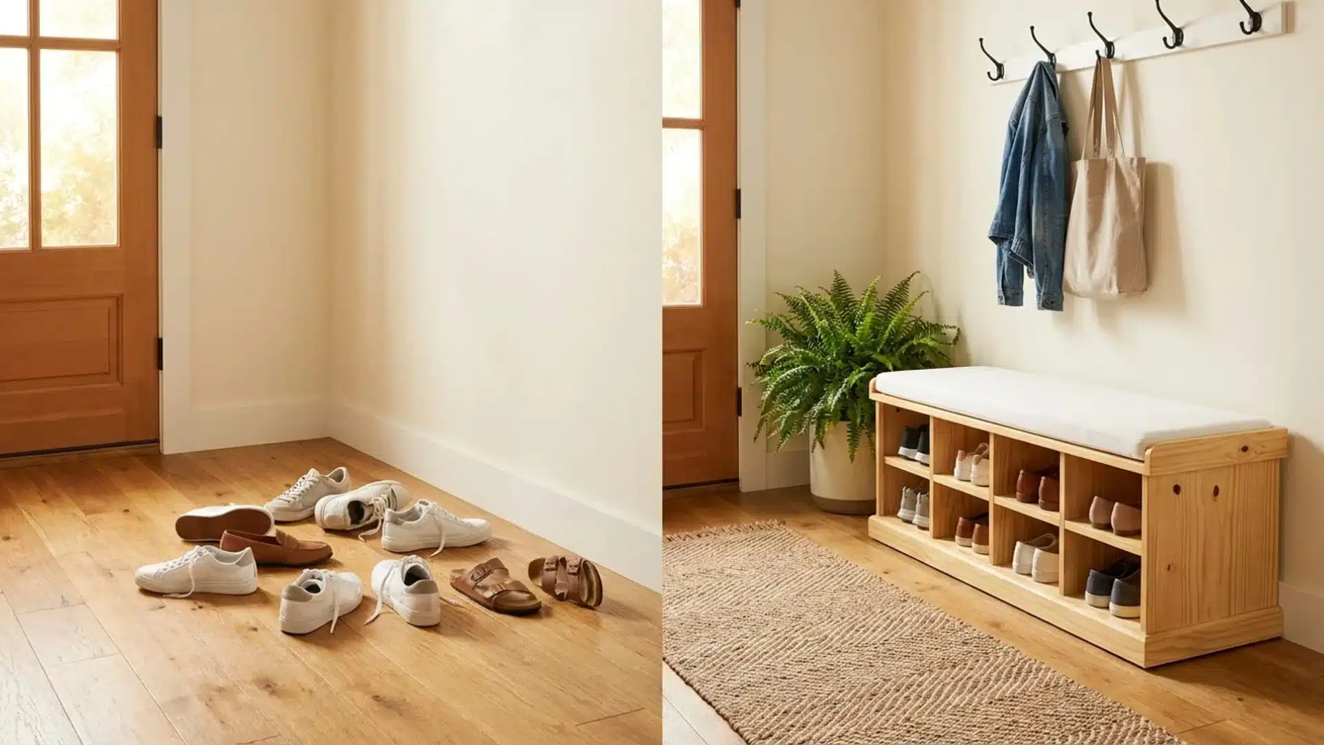 two images of a shoe rack displaying various shoes organized neatly on shelves and the side view of the rack itself