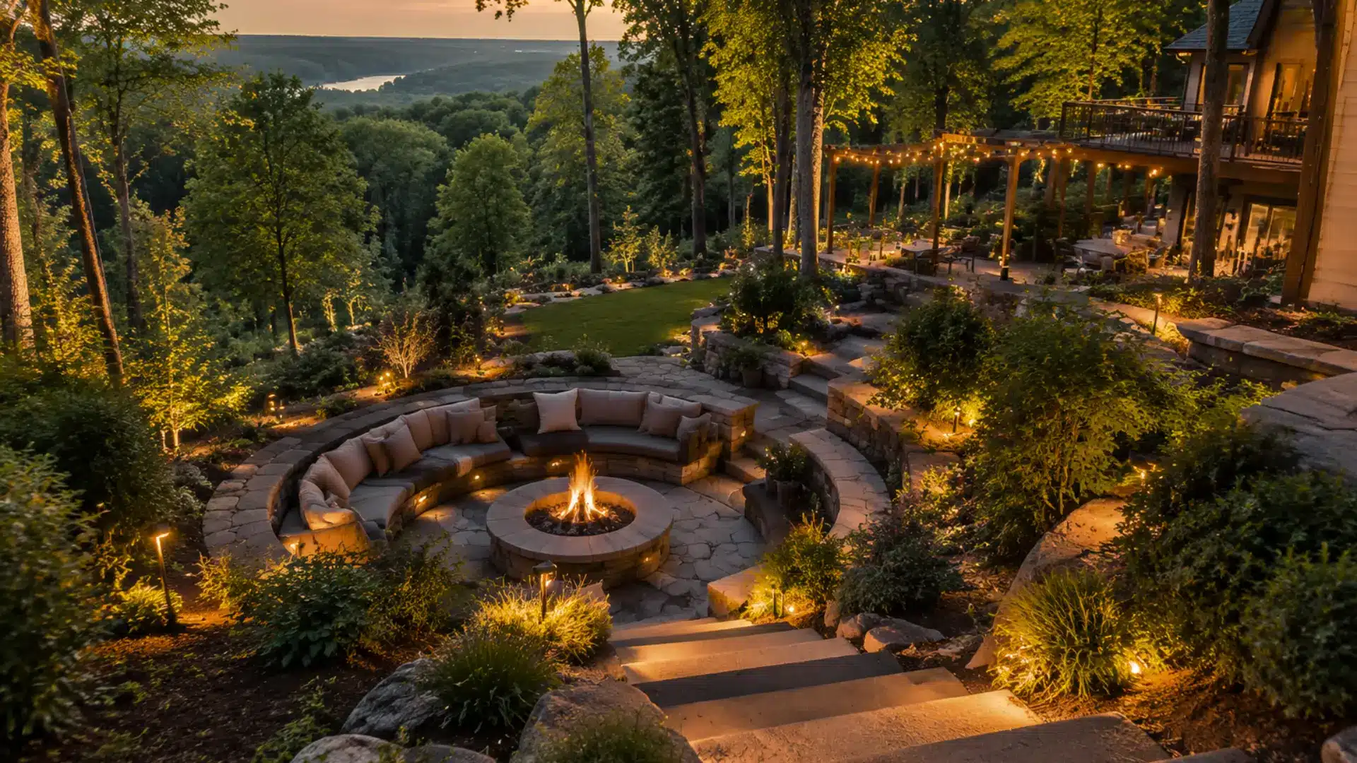 terraced sloped backyard with circular stone fire pit seating area, landscape lighting, and pergola at dusk