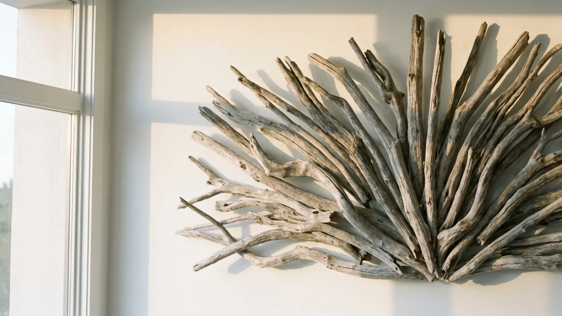 driftwood sculpture display mounted in organic arrangement on white interior wall