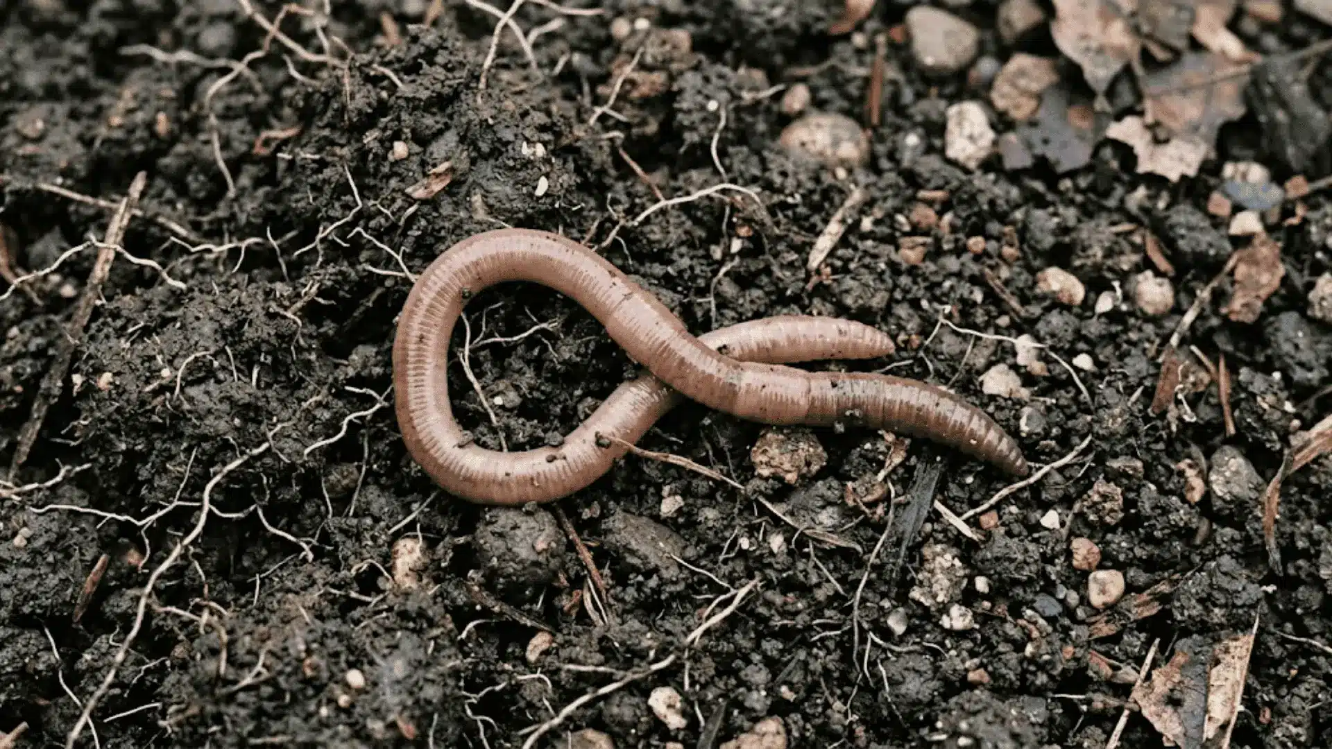 close-up of earthworms on dark moist garden soil with visible root threads and organic matter