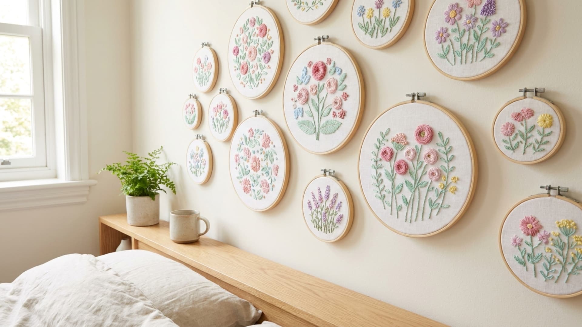 embroidery hoop art with floral design displayed in cluster on living room wall