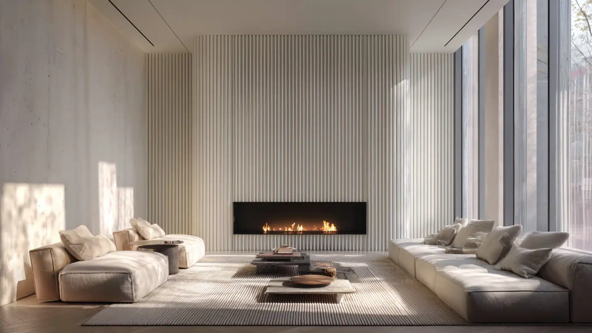 a modern living room featuring a cozy fireplace and large windows allowing natural light to fill the space