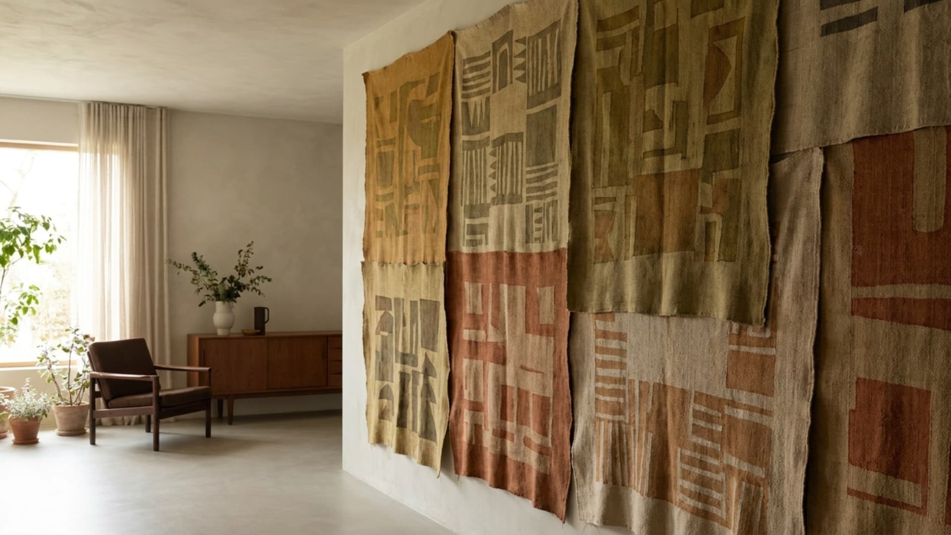 fabric tapestry panel in earthy tones hung on bedroom wall as diy wall decor