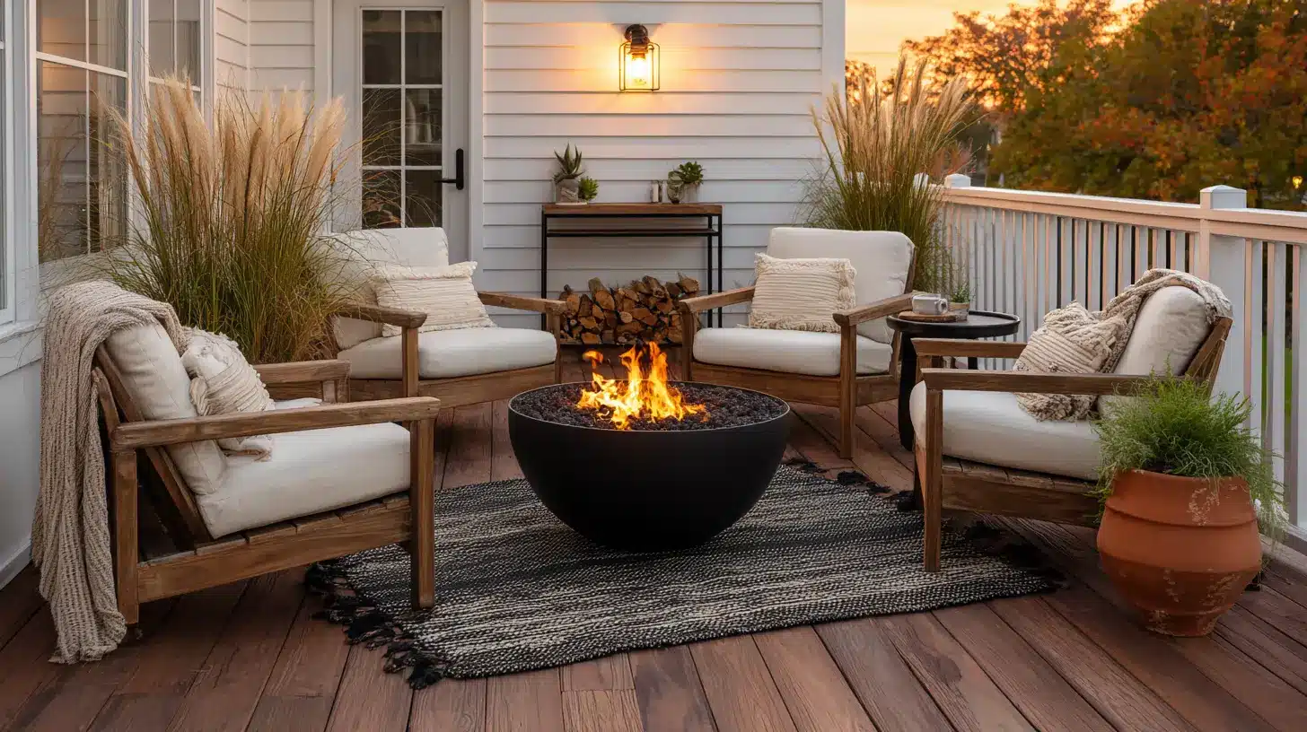 round black fire pit glowing at dusk surrounded by teak armchairs on a complete outdoor deck