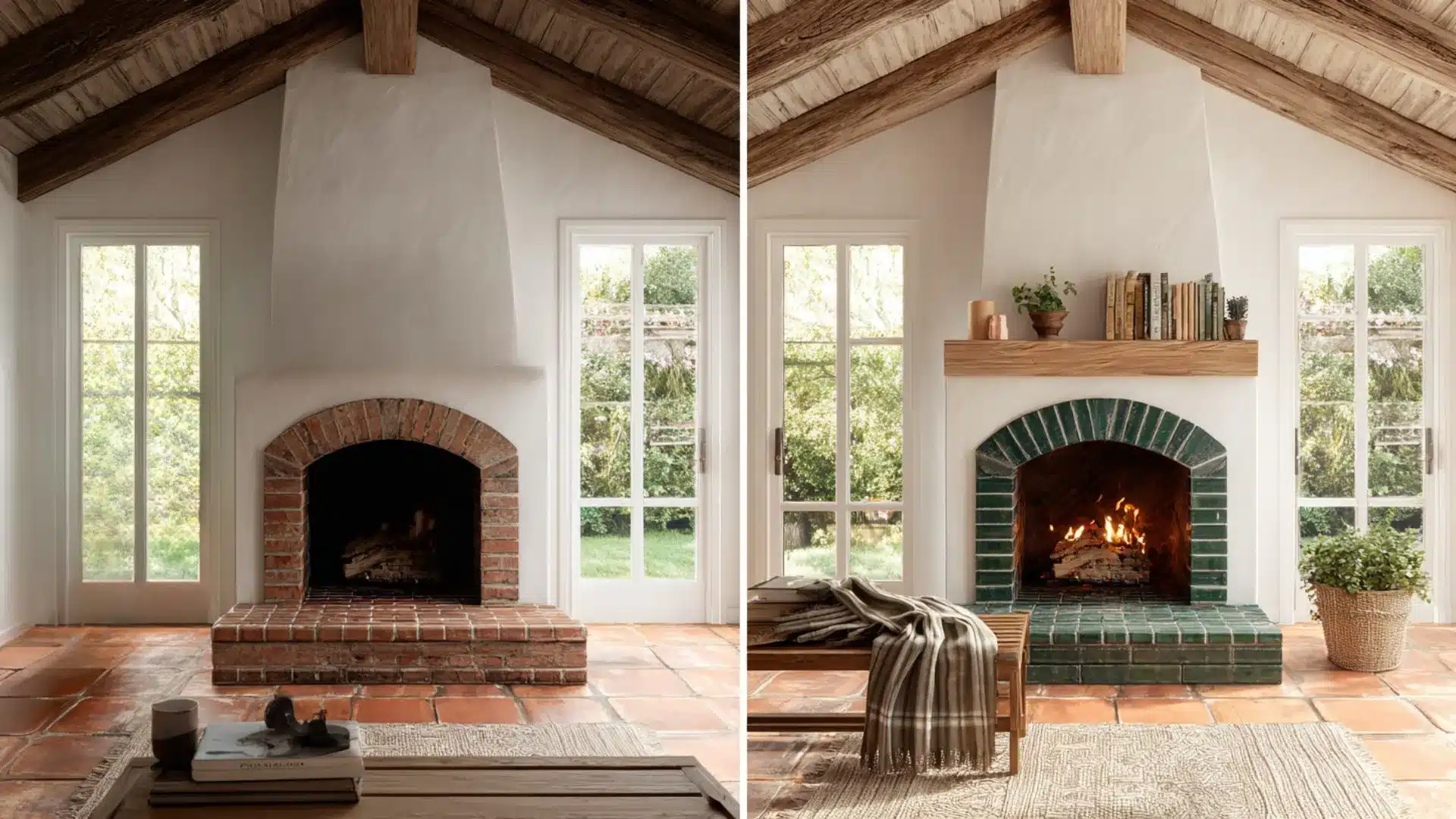 two views of a traditional fireplace featuring exposed brick walls enhancing the charm and comfort of the living space