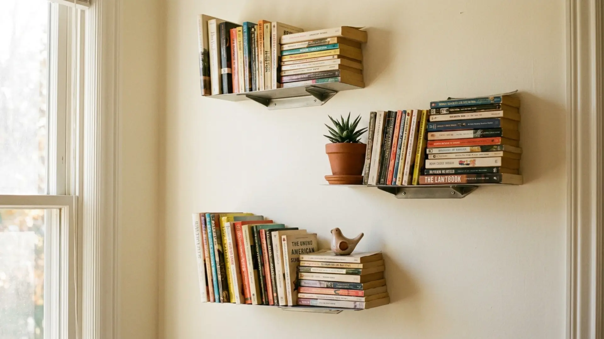 floating bookshelves with colorful book spines and small decor on white wall