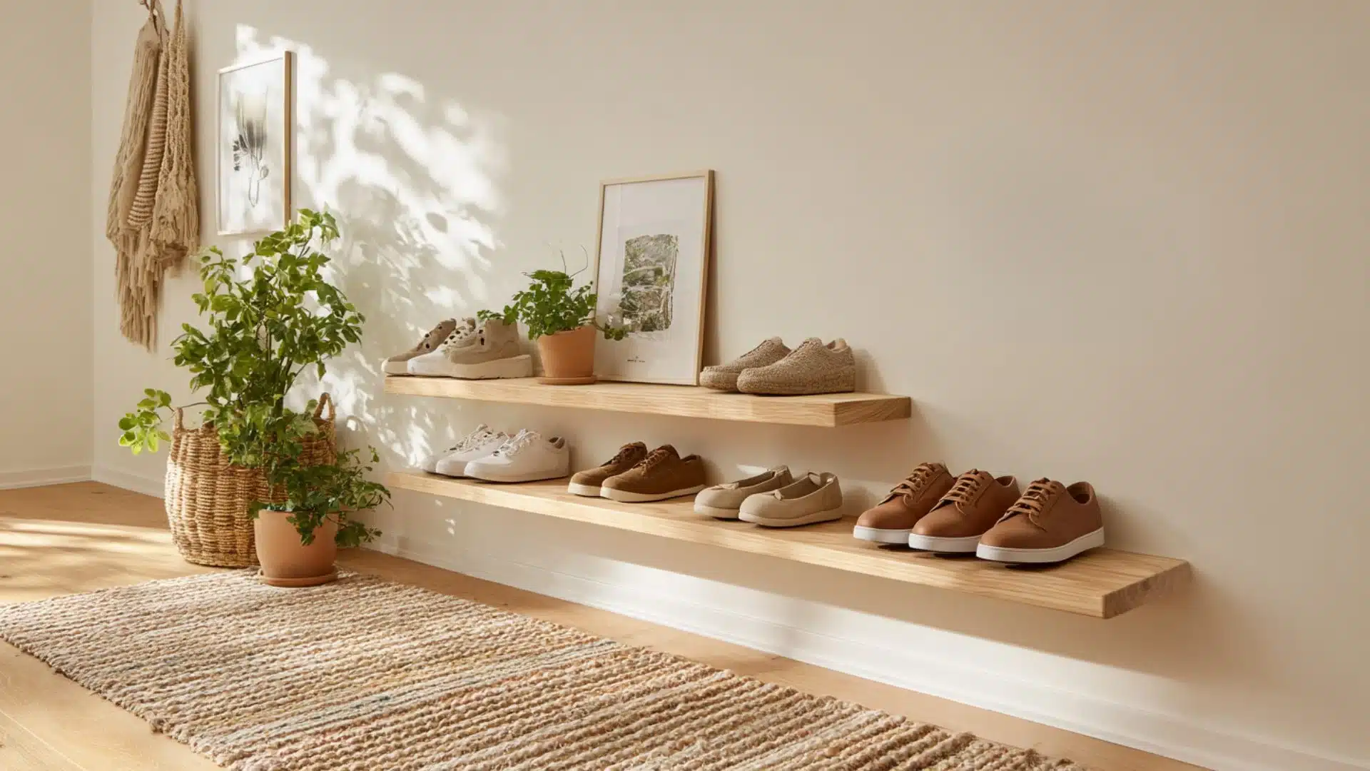 a wooden shelf featuring an assortment of shoes and vibrant green plants arranged neatly for a stylish look