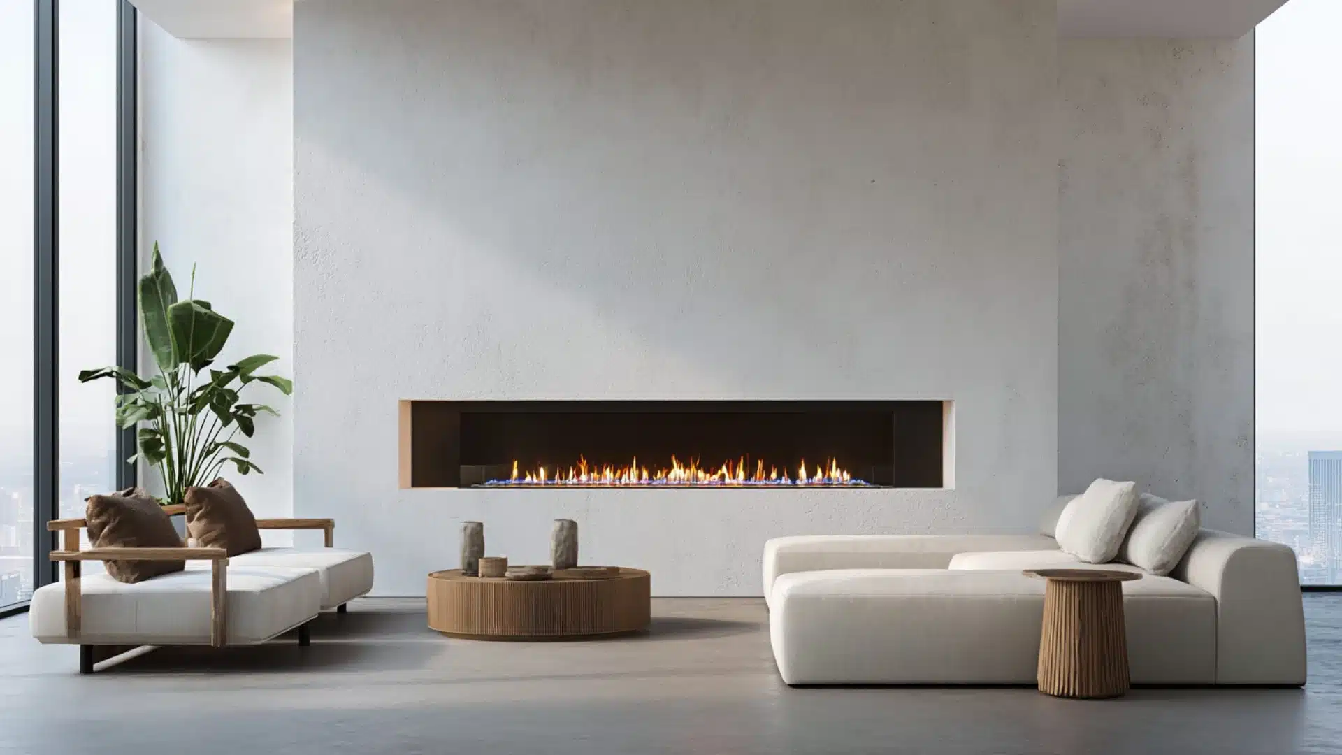 modern living room featuring a cozy fireplace and large windows allowing natural light to fill the space