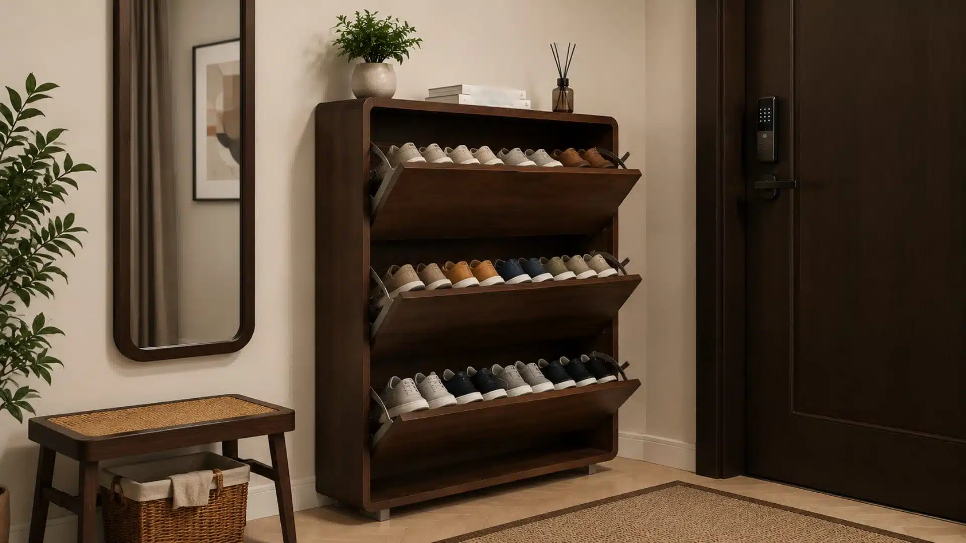 a wooden shoe rack displaying various pairs of shoes in an organized manner with a natural wood finish