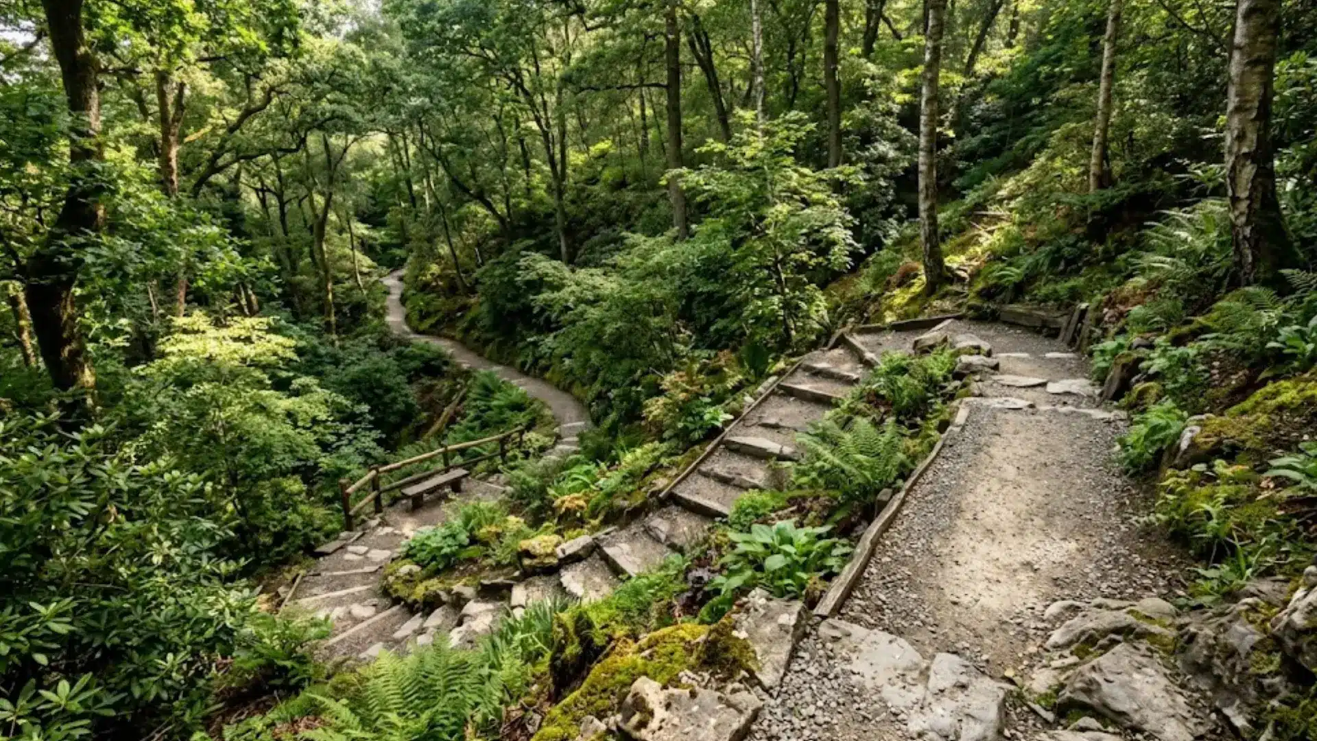 winding forest walking trail with gravel path, stone steps, wooden railings, and ferns on a wooded slope