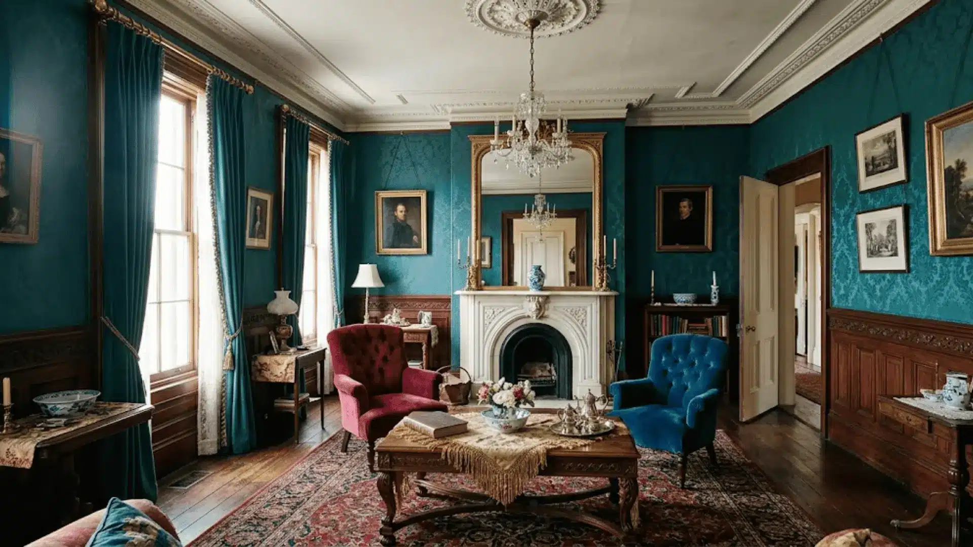 victorian parlor with teal walls, marble fireplace, velvet armchairs, and layered textiles in afternoon light