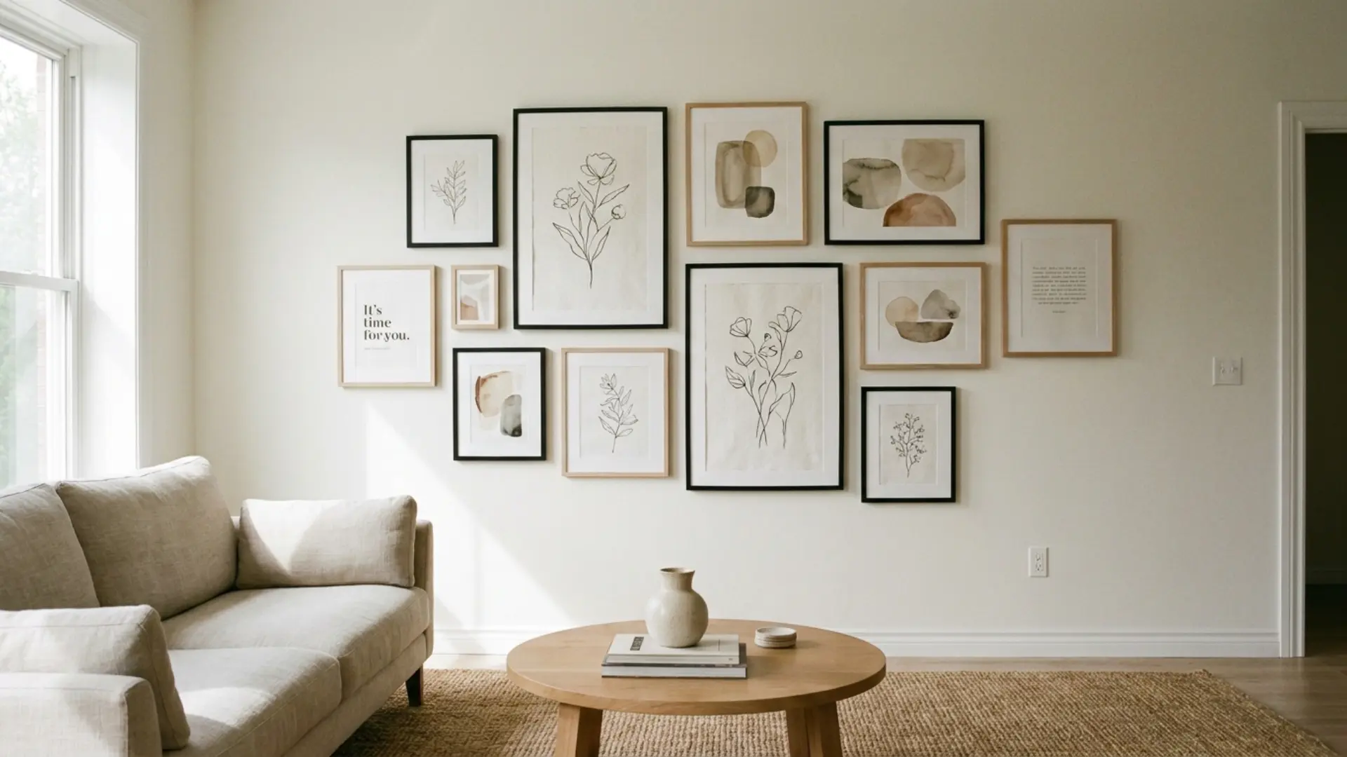 framed printable art as diy wall decor on white living room wall