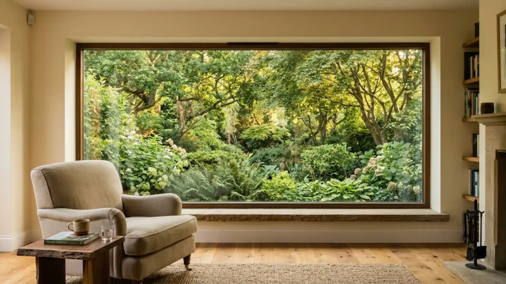 linen armchair facing a large picture window with a sharp mature garden view in a natural interior