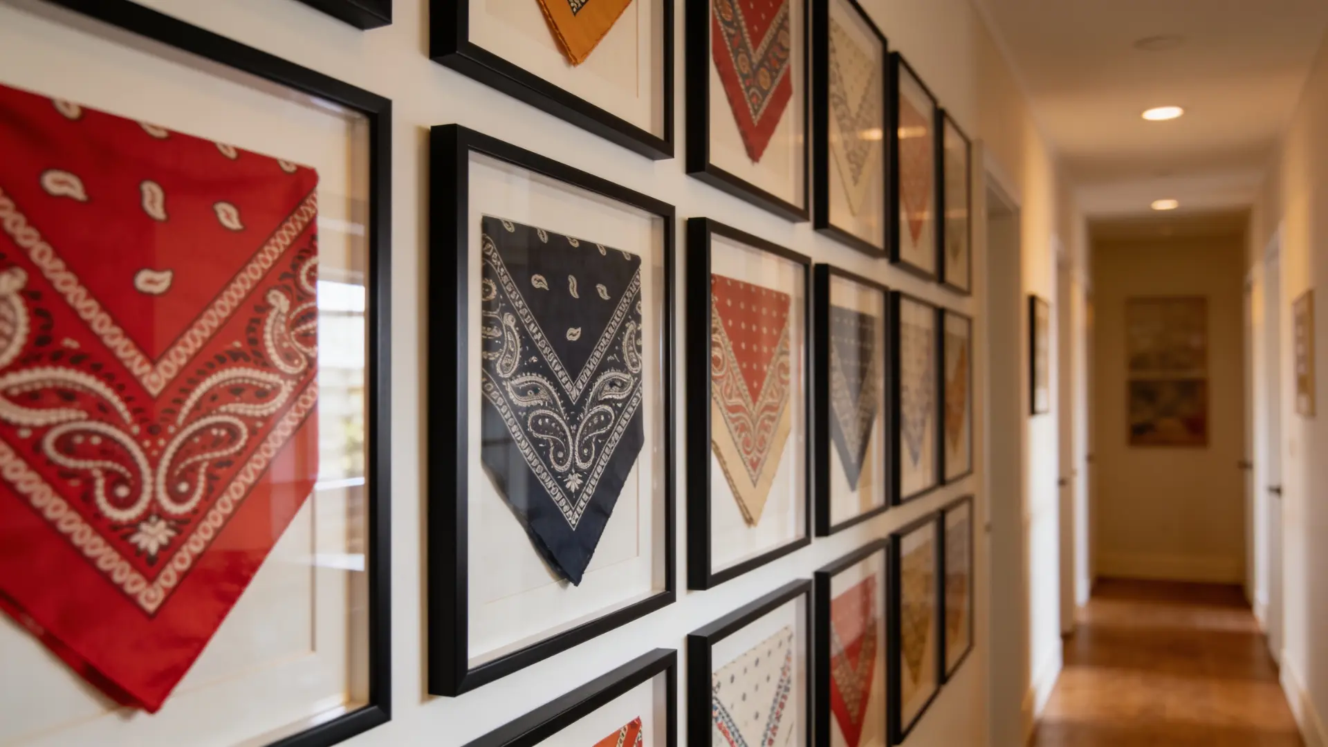 vintage scarf in decorative frame displayed as diy wall art on bedroom wall