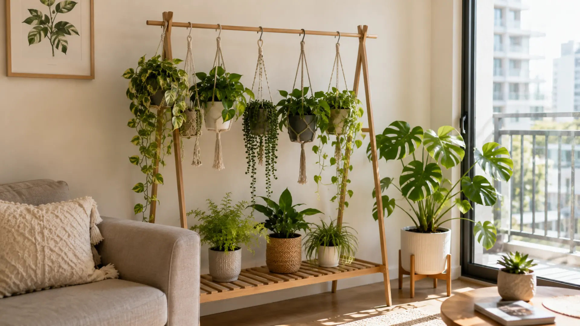 a wooden freestanding plant stand with macrame hangers and potted green plants in a sunny living room