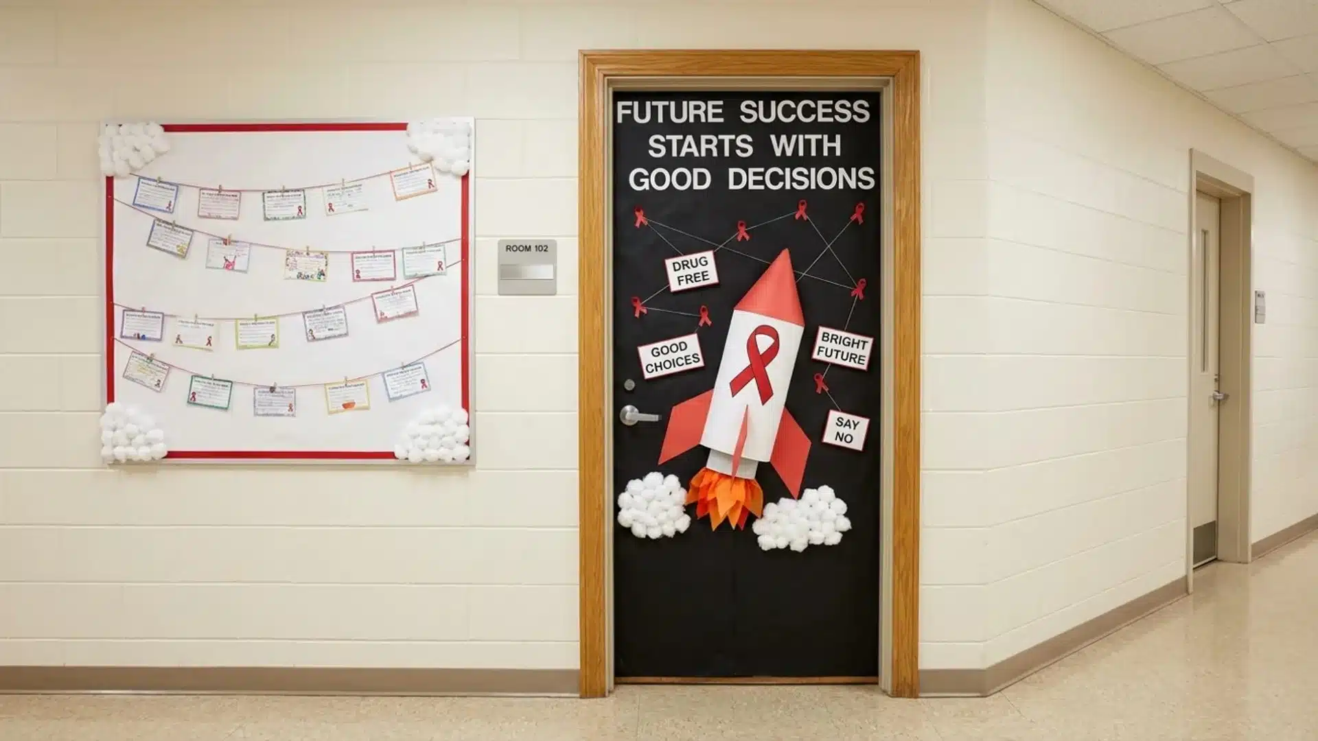 classroom door adorned with a rocket illustration and a sign that states future success prominently displayed