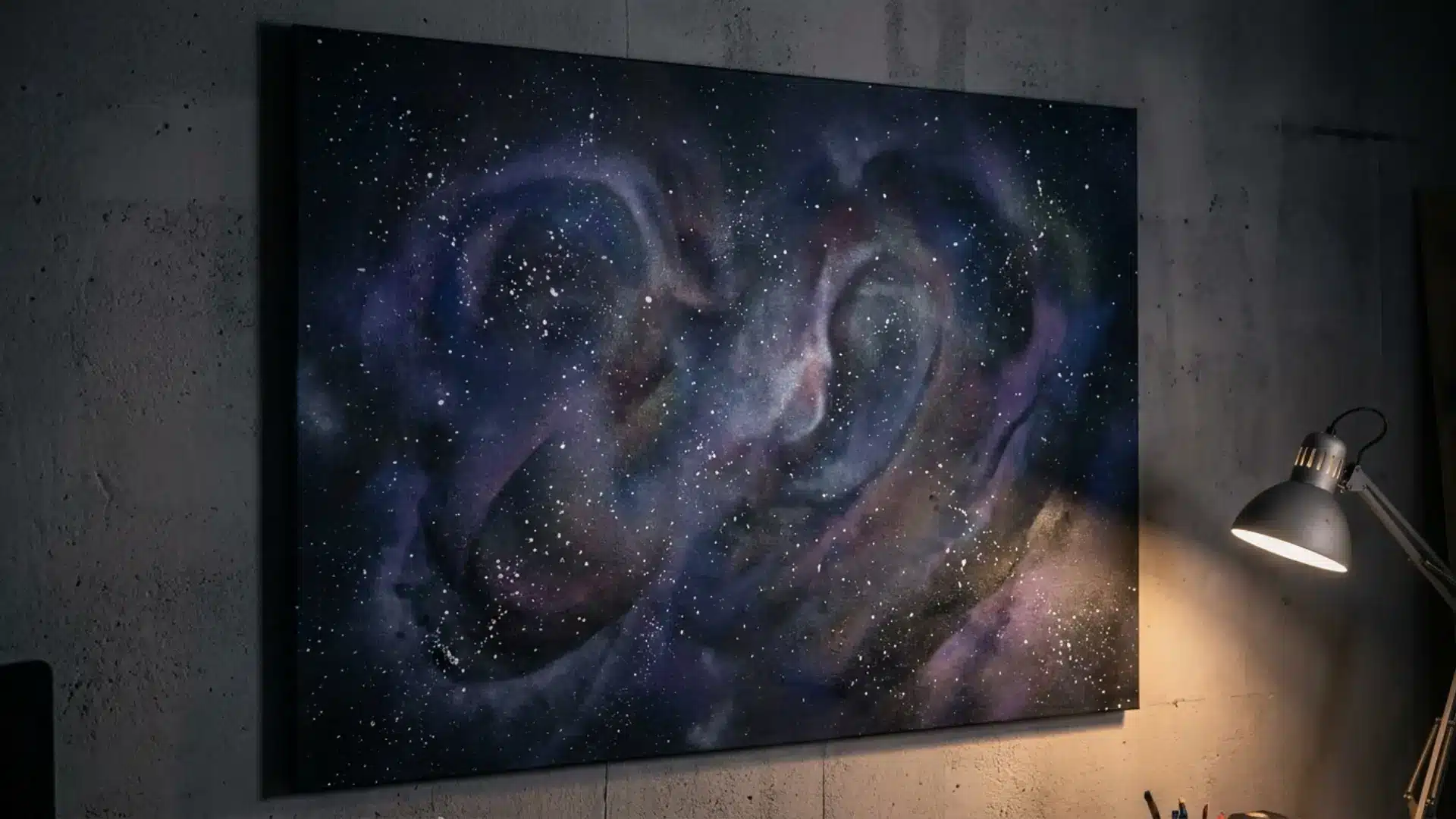 galaxy themed spray paint canvas in deep blues and purples with white star detail