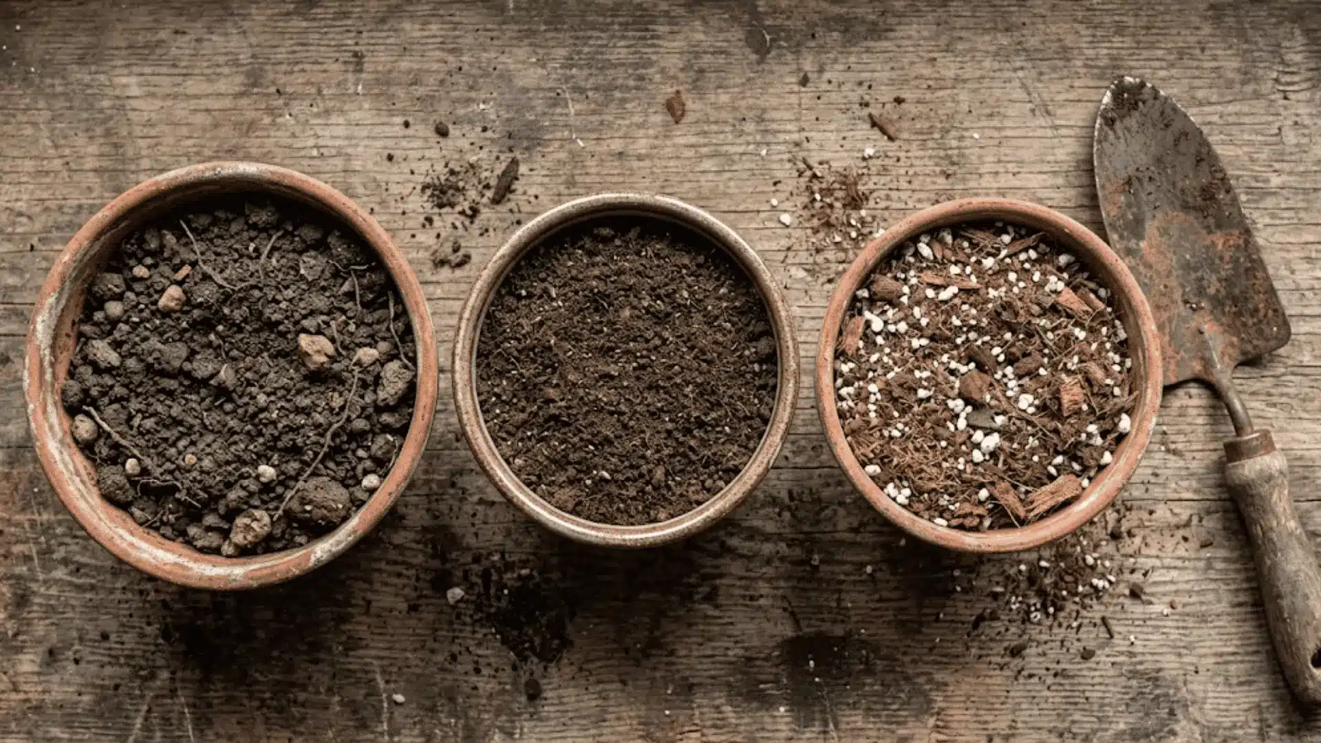 three containers filled with garden soil, potting soil, and potting mix side by side on a wooden potting bench