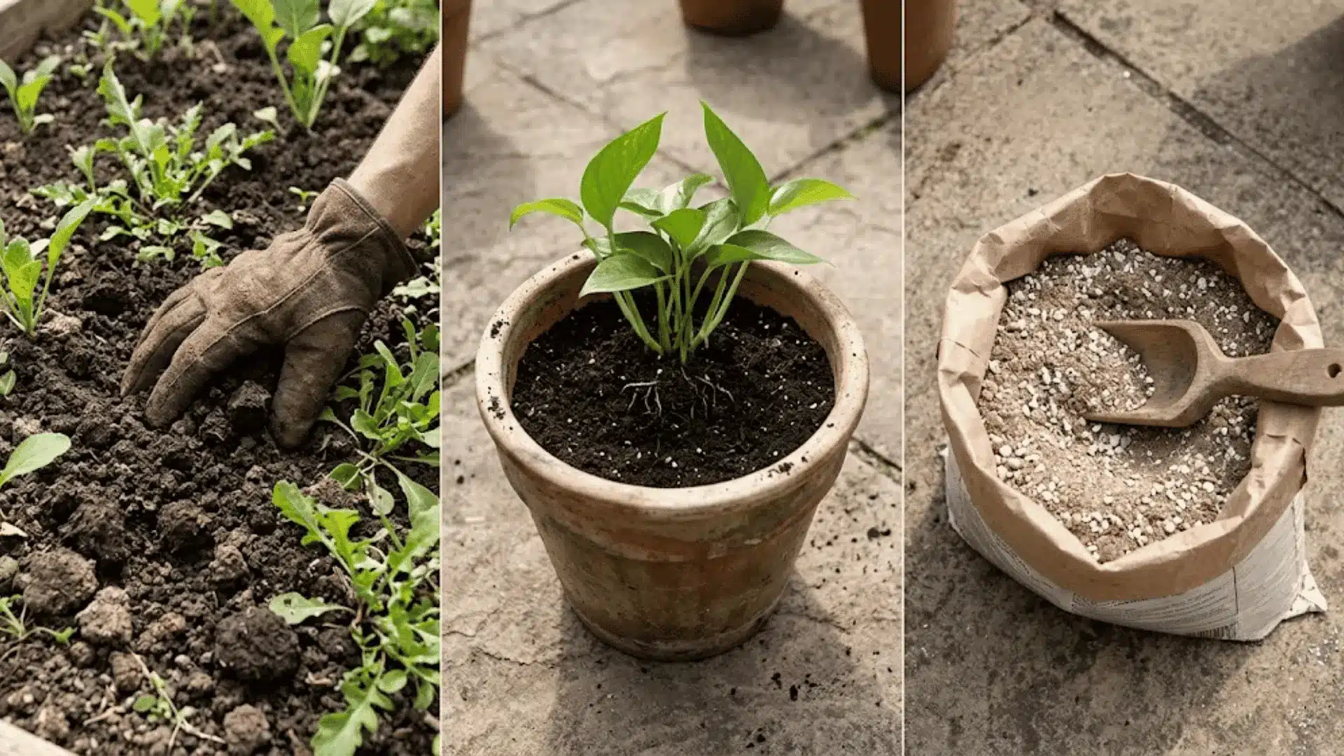 side by side view of garden soil in a bed, potting soil in a ceramic pot, and potting mix in an open bag