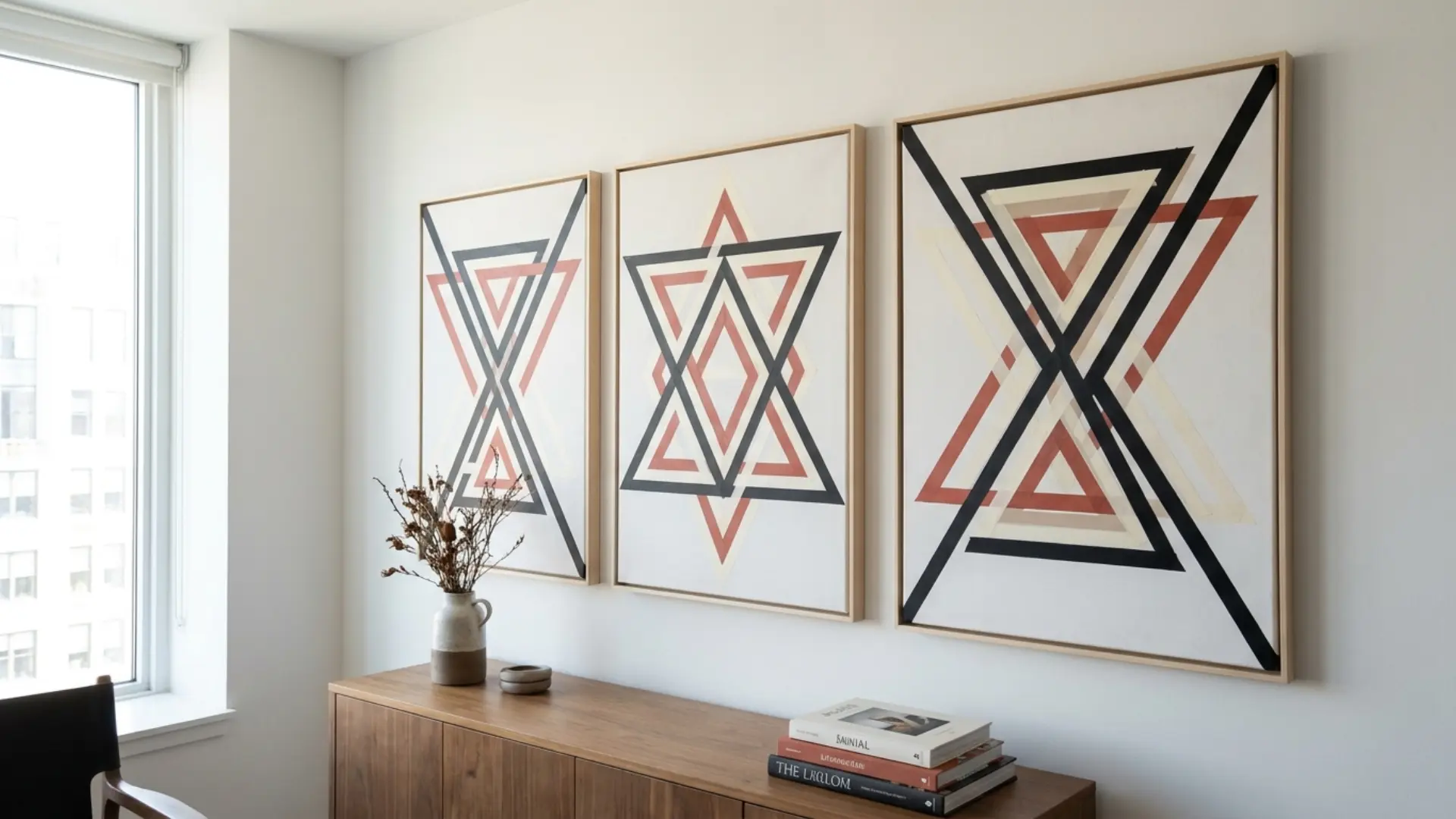geometric tape art on canvas in bold primary colors hung on white wall
