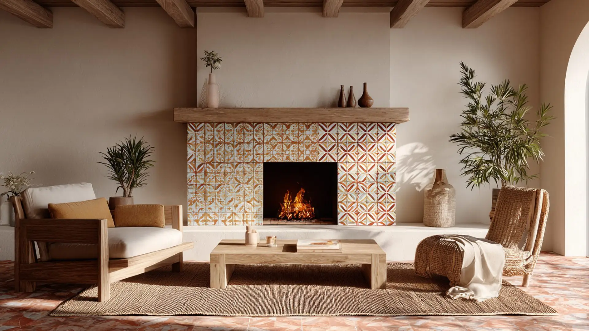 a cozy living room featuring a warm fireplace and a comfortable couch arranged for relaxation and socializing