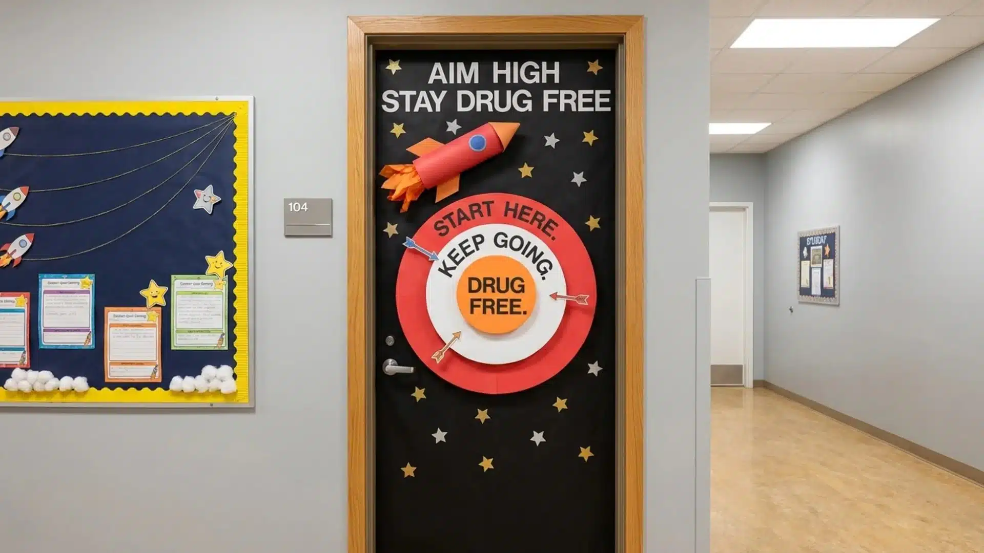 classroom door featuring a sign that reads stay drug free in bold letters against a colorful background