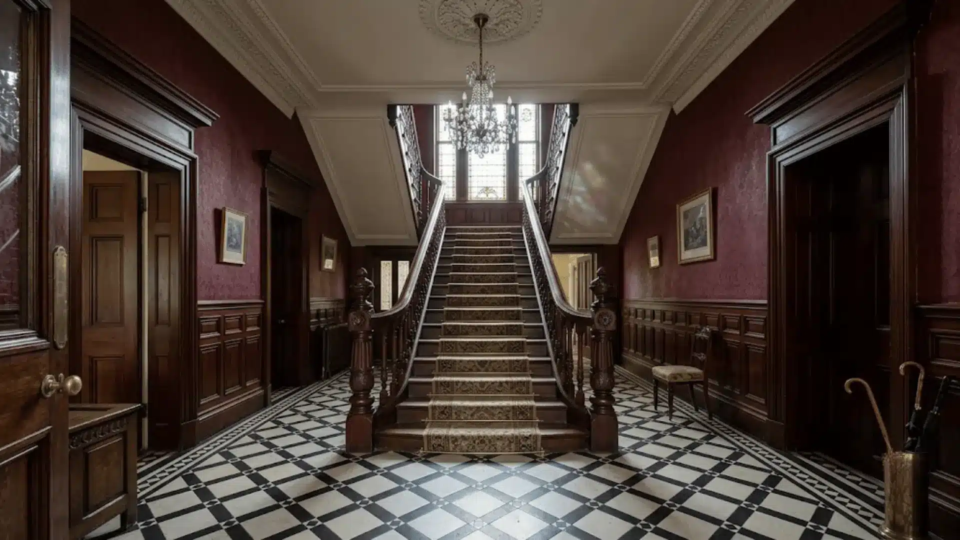 victorian mansion entryway with sweeping mahogany staircase, crystal chandelier, and encaustic tiled floor