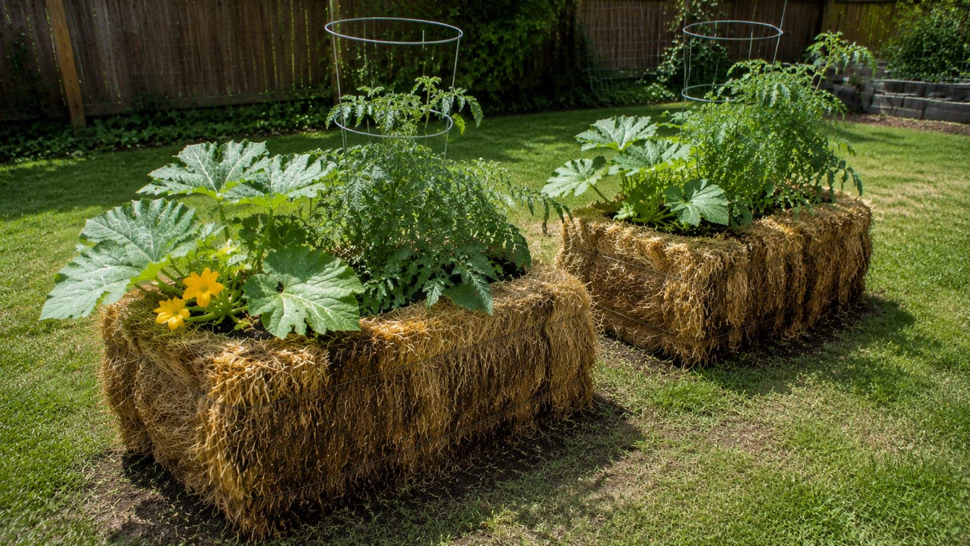two straw bales with vegetable plants growing out of the tops in a backyard